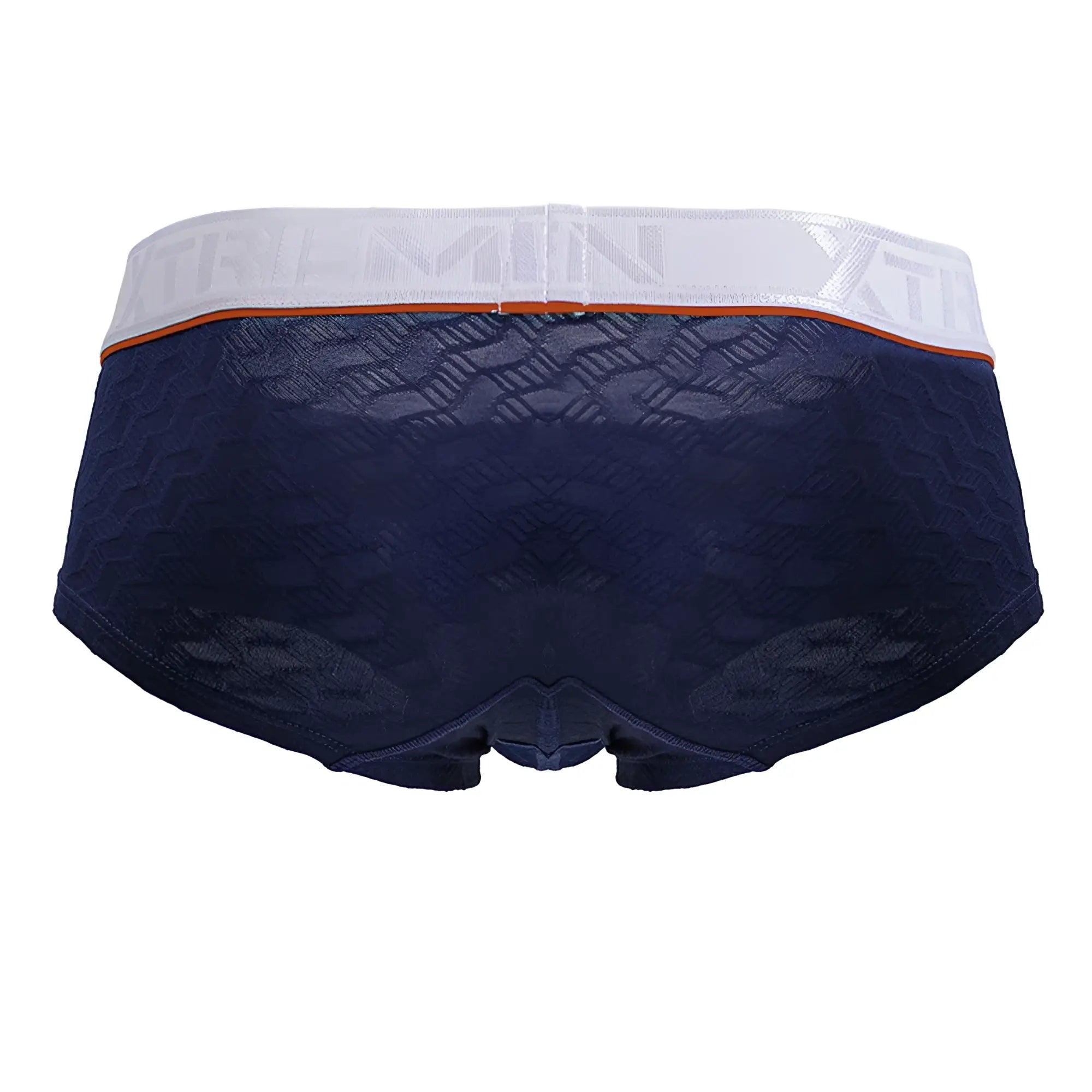 Navy blue xtremen 91243 microfiber trunks with lace trim white elastic waistband orange accent stripe and embossed branding