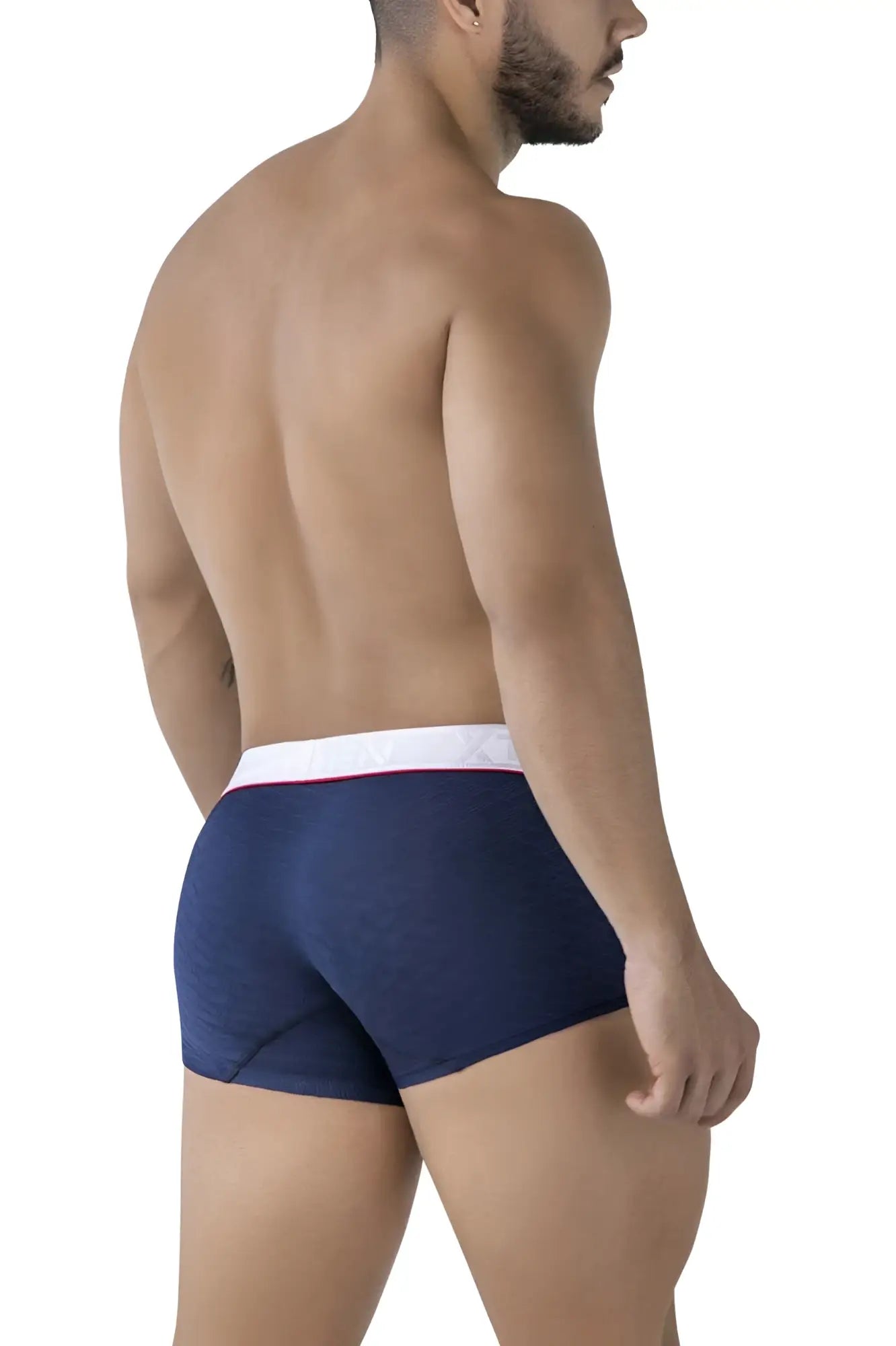 Navy blue xtremen 91243 microfiber trunks with a white waistband and a thin red stripe detail