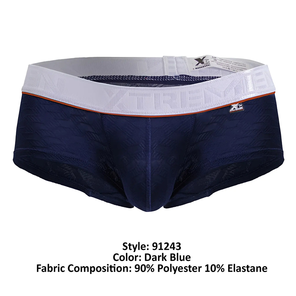 Dark blue xtreme microfiber men’s briefs with white elastic waistband logo and orange trim model 91243 trunks