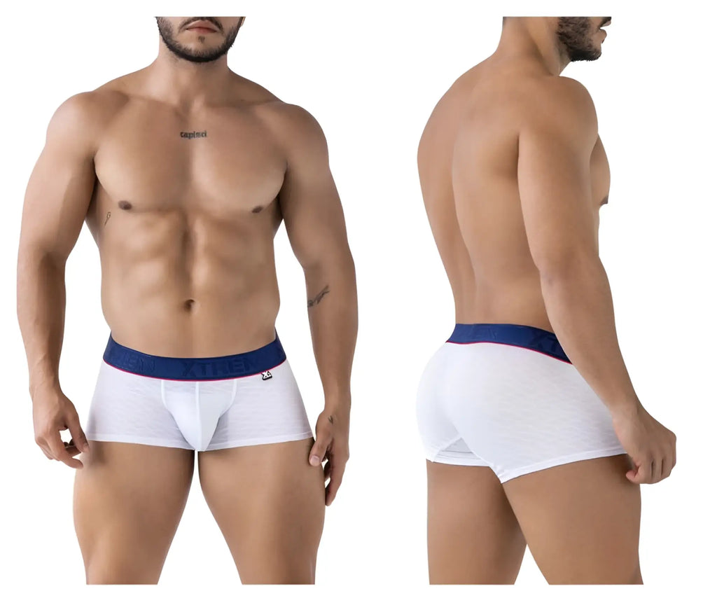 White xtremen 91243 microfiber boxer briefs with navy blue waistband red trim and freedom branding in white letters
