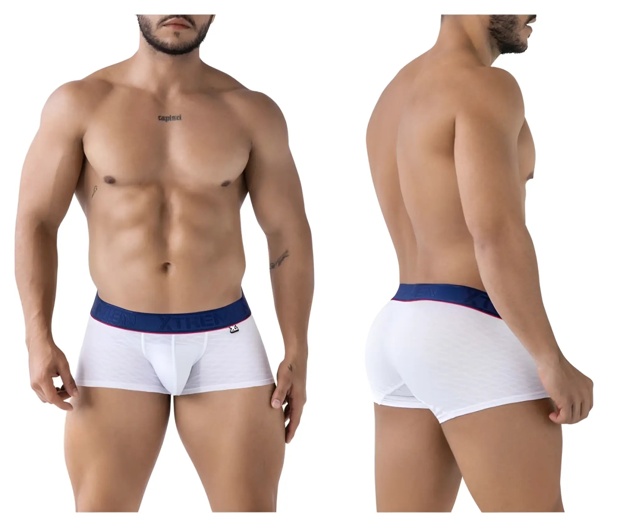 White xtremen 91243 microfiber boxer briefs with navy blue waistband red trim and freedom branding in white letters