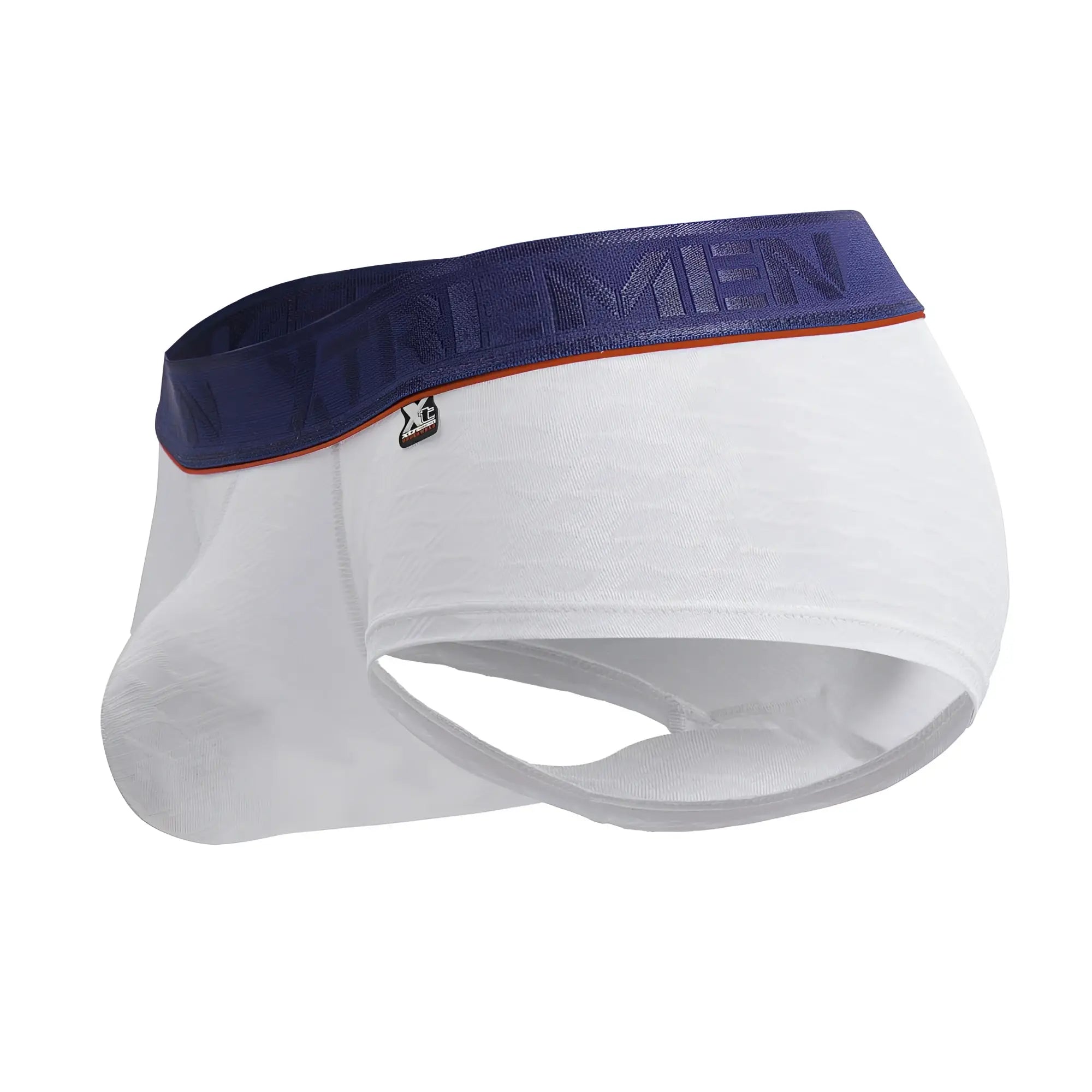 White xtremen 91243 microfiber trunks with navy waistband featuring xg logo and orange trim for men