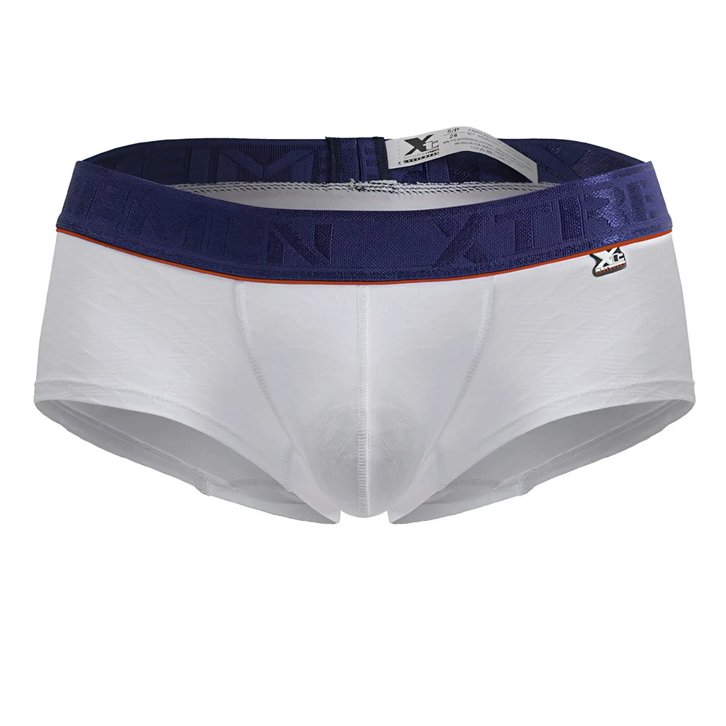 White xtremen 91243 microfiber trunks with navy blue embossed waistband and orange trim for men