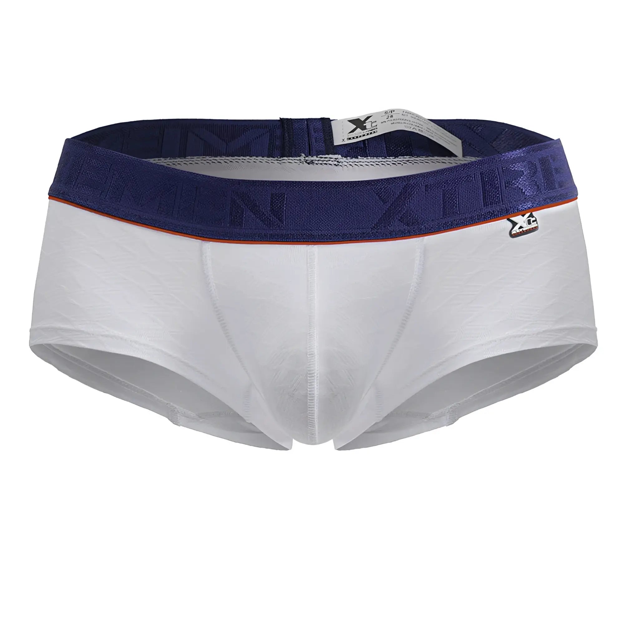 White xtremen 91243 microfiber trunks with navy blue embossed waistband and orange trim for men