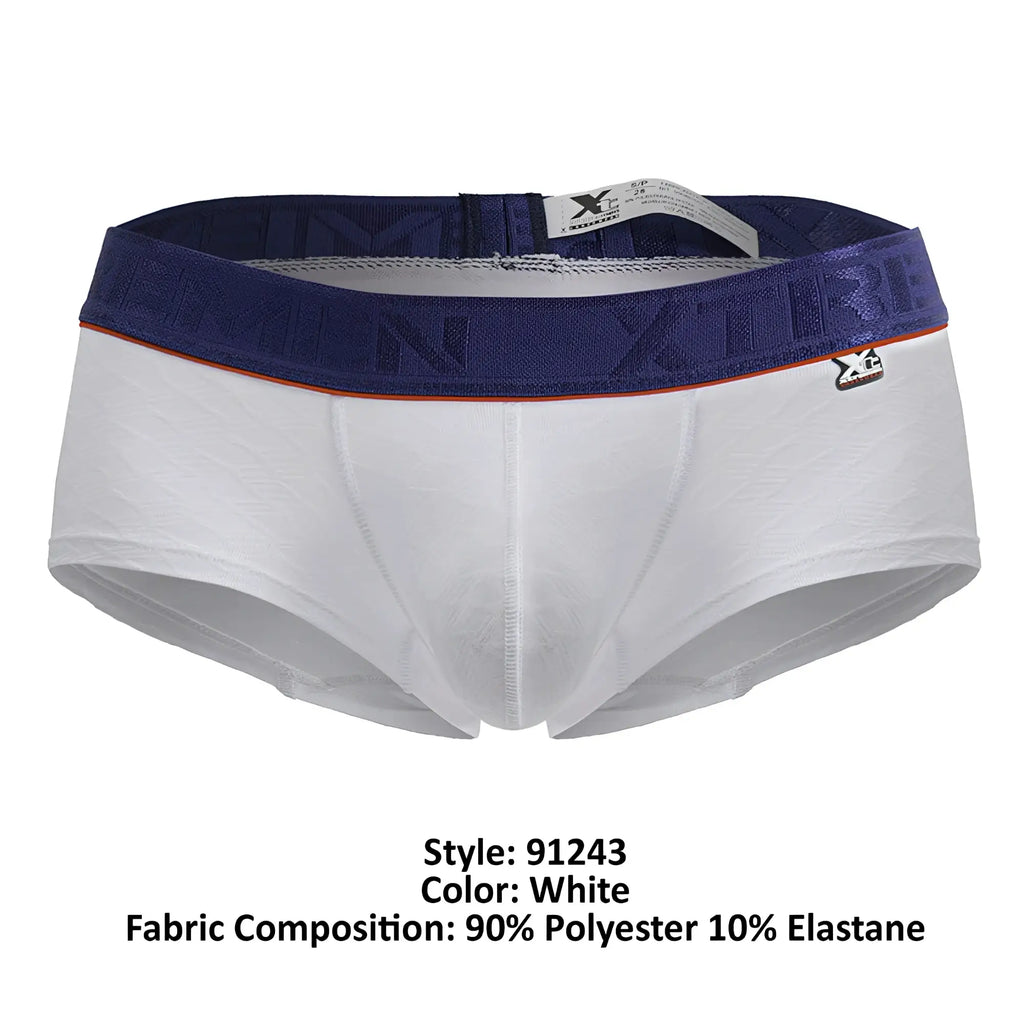 White xtremen 91243 microfiber trunks with navy blue embossed waistband and orange trim in men’s briefs style