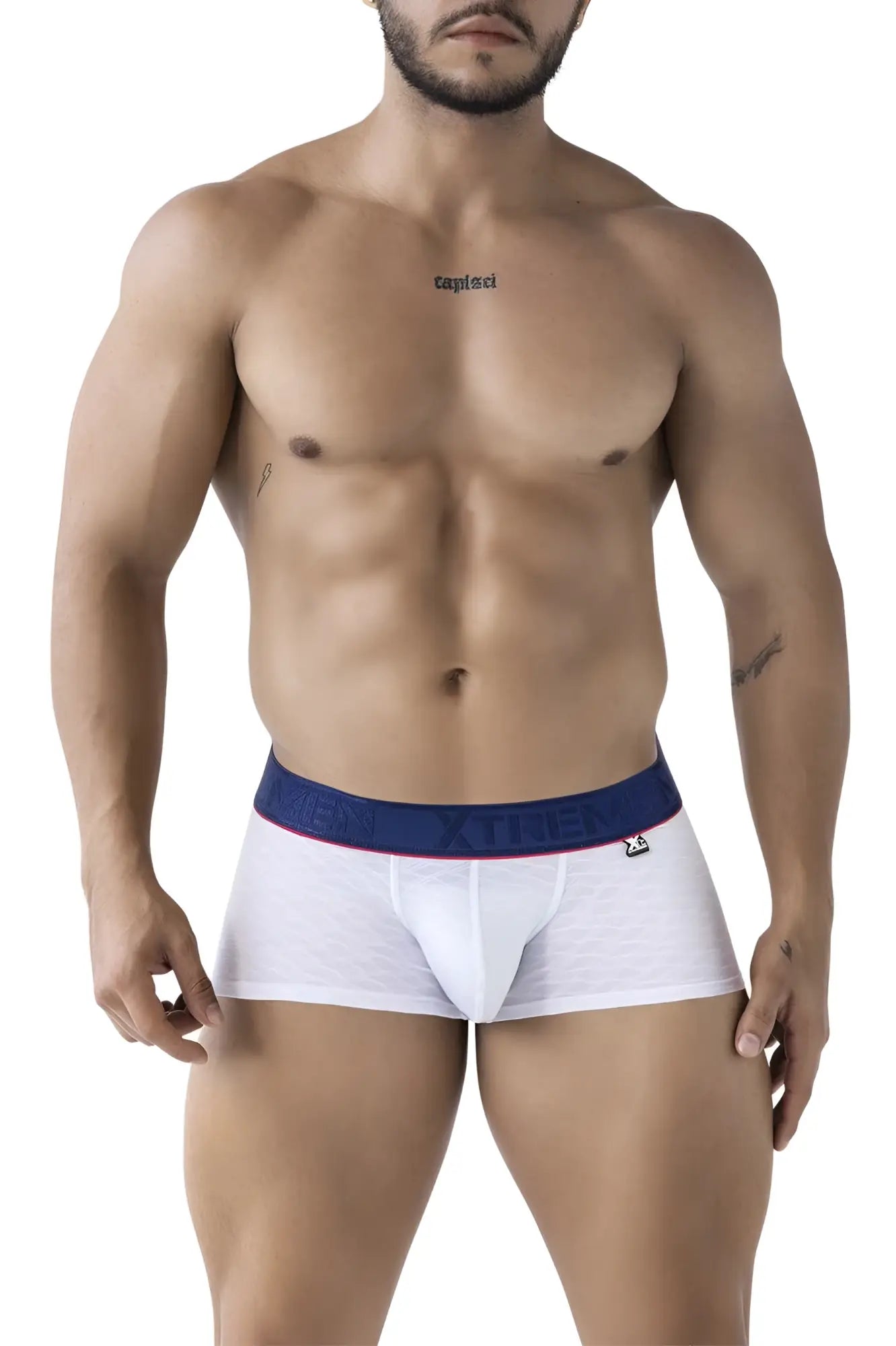 White xtremen 91243 microfiber trunks featuring navy waistband with brand name and small logo on lower right leg