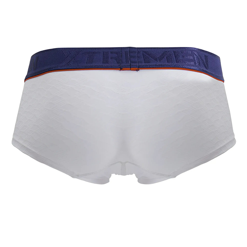 White textured xtremen 91243 microfiber men’s briefs with navy blue waistband and orange trim front view