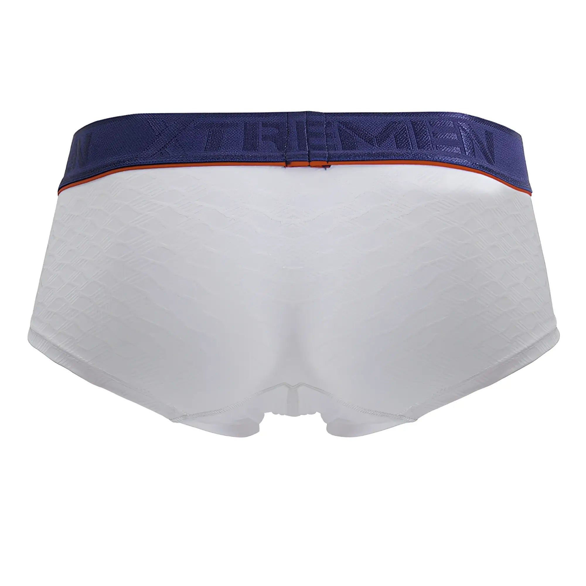 White textured xtremen 91243 microfiber men’s briefs with navy blue waistband and orange trim front view