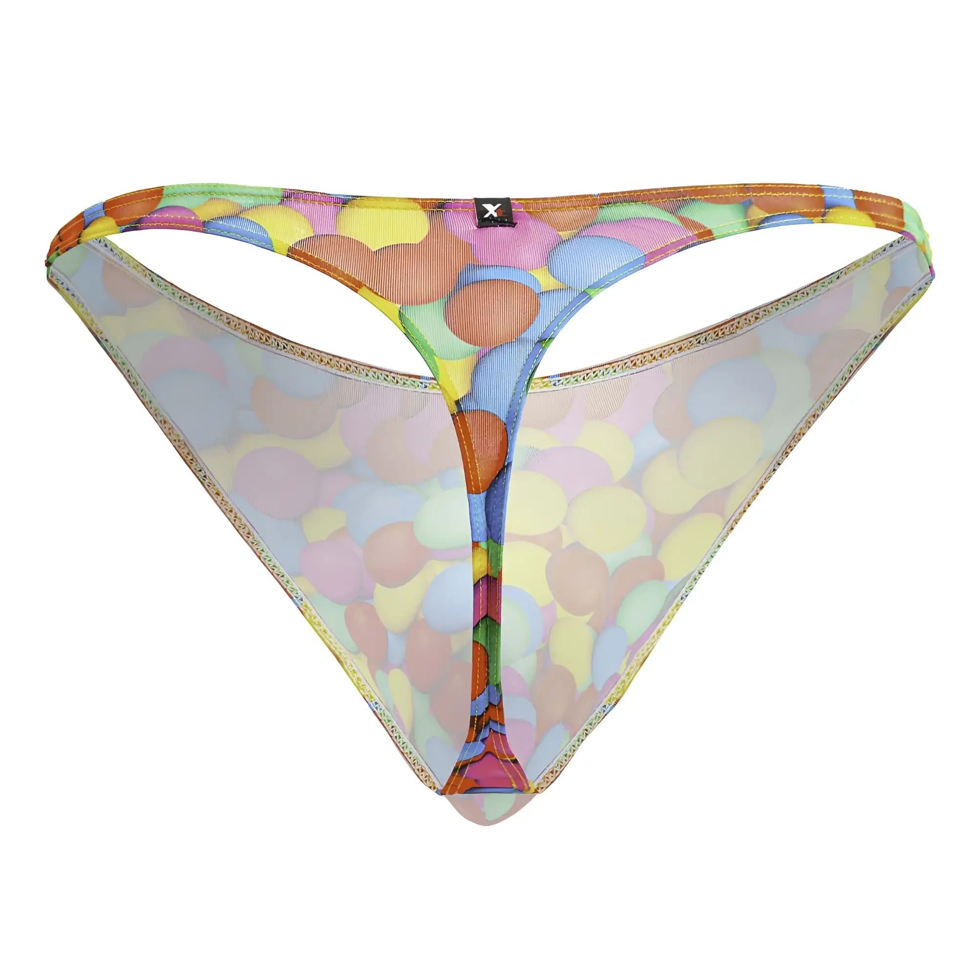 Colorful balloon-patterned mesh thong with gold-trimmed edge and black logo tag from xtremen 91247 printed thongs color bubbles