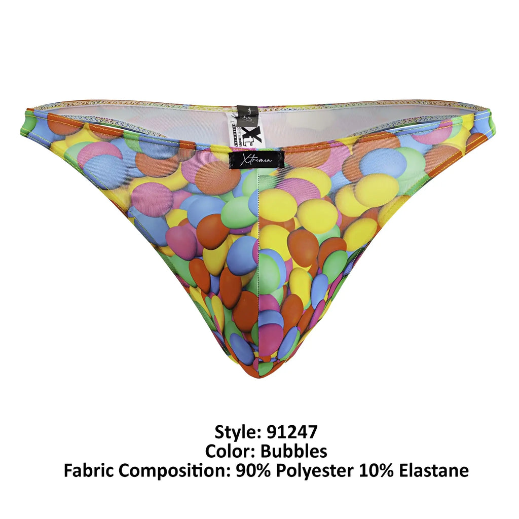 Xtremen 91247 printed thong color bubbles with vibrant multicolored bubble pattern on stretchy polyester elastane fabric