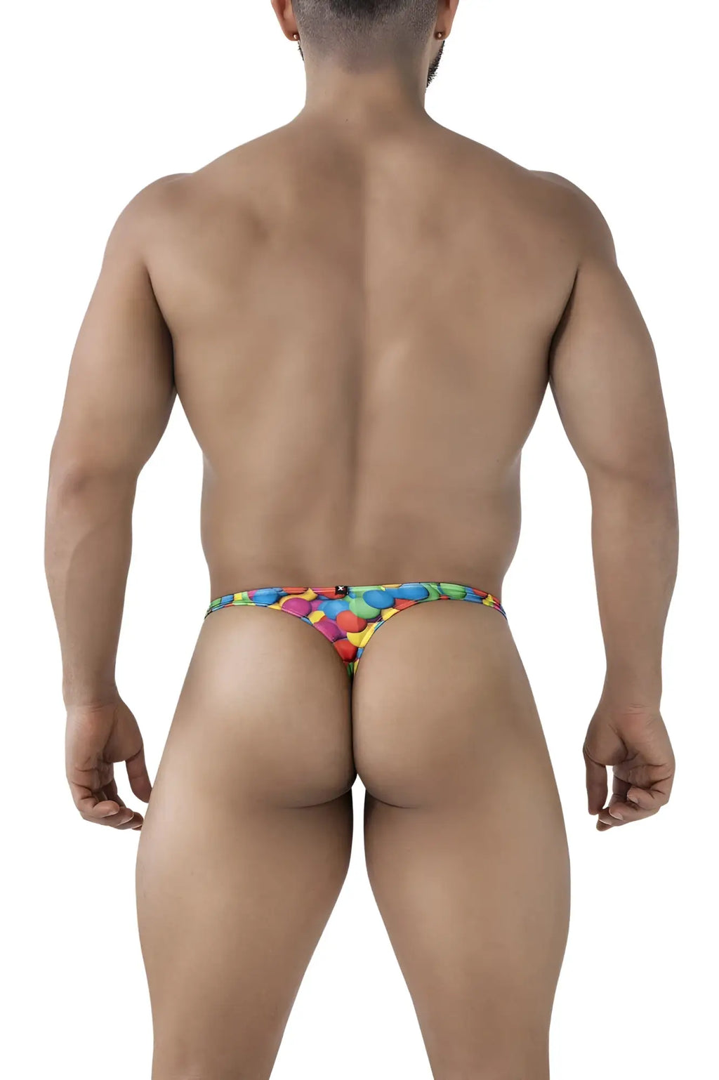 Colorful patterned thong with vibrant rainbow geometric shapes from xtremen 91247 printed thongs color bubbles collection