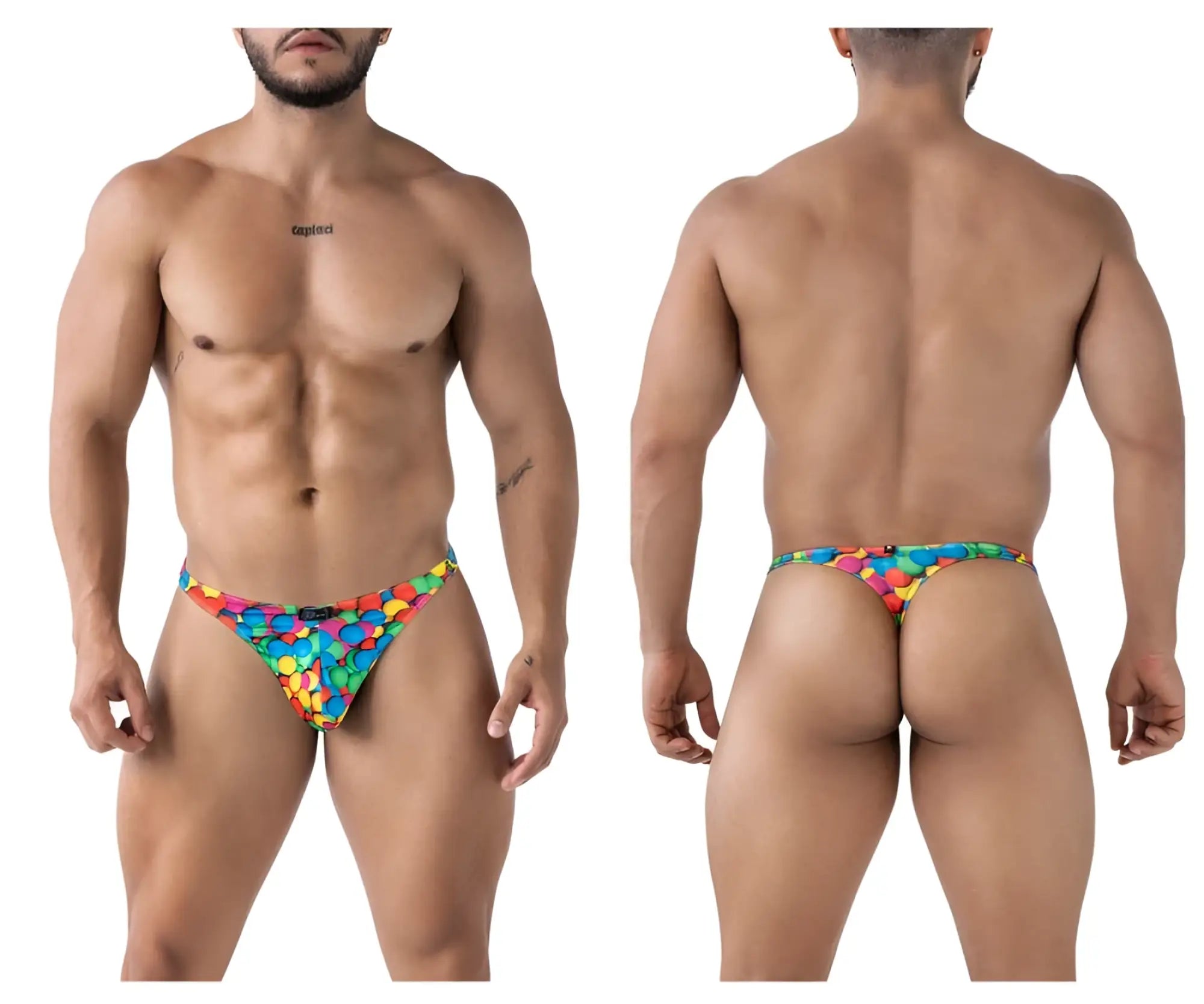 Vibrant rainbow-colored candy-themed printed thong with playful multicolored pattern from xtremen 91247 color bubbles