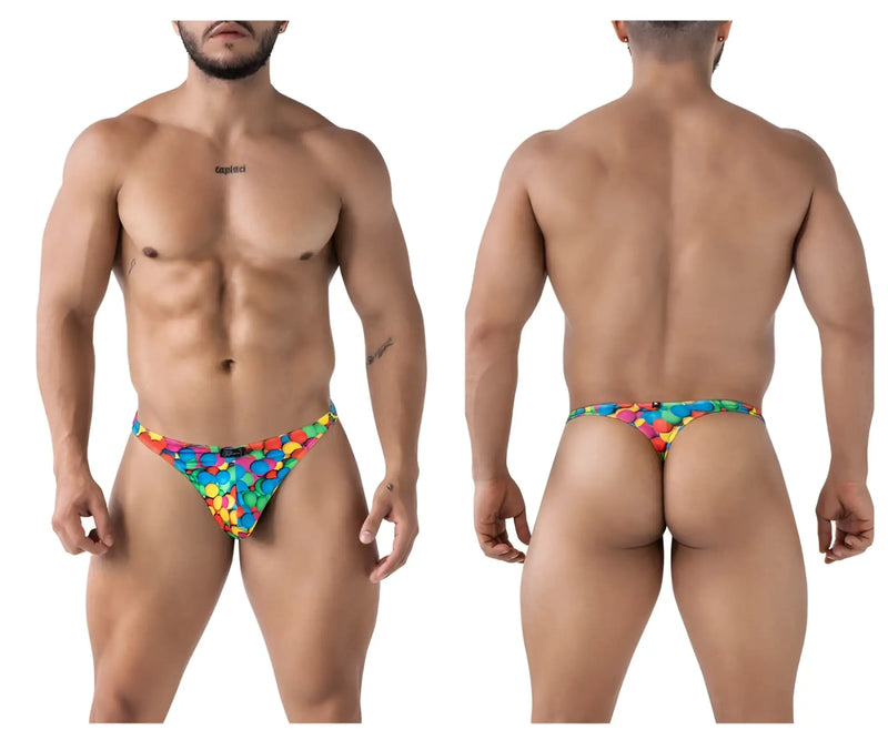 Vibrant rainbow-colored candy-themed printed thong with playful multicolored pattern from xtremen 91247 color bubbles