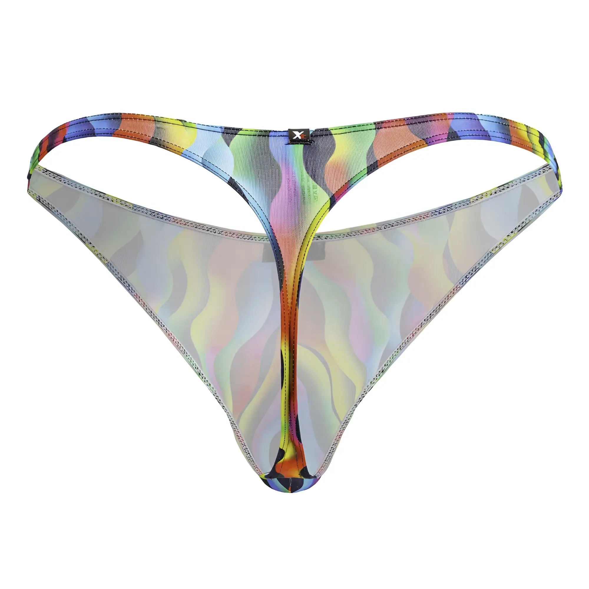 Rainbow holographic printed thong with iridescent wave design and small black logo on waistband xtremen 91247 color waves