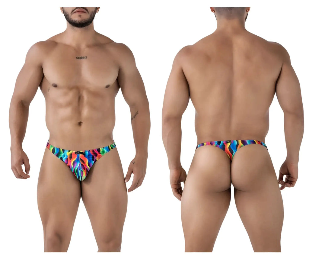 Vibrant rainbow flame-patterned men’s thong in stretchy fabric xtremen 91247 printed thongs color waves front view