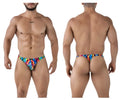 Vibrant rainbow flame-patterned men’s thong in stretchy fabric xtremen 91247 printed thongs color waves front view
