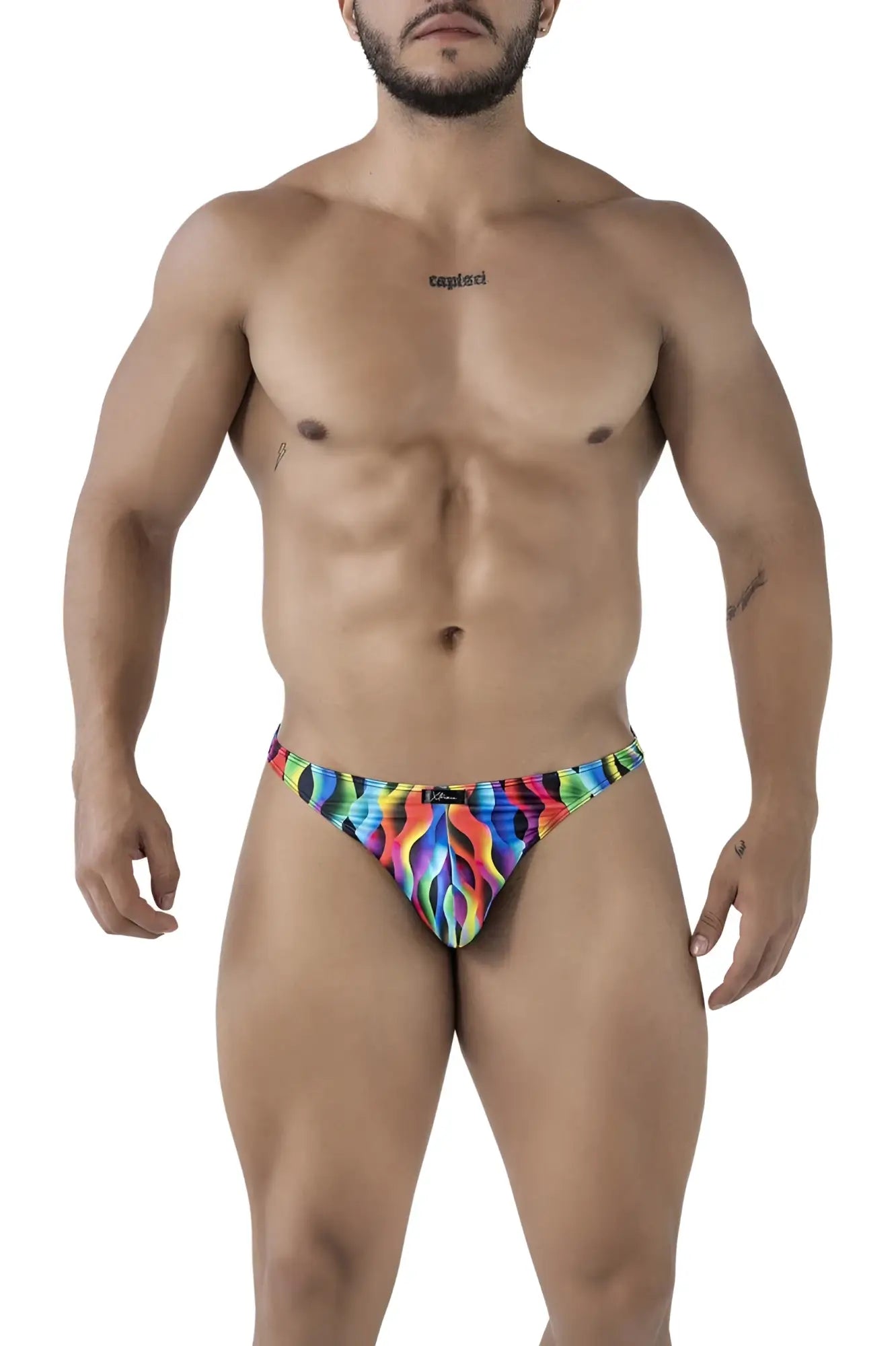 Xtremen 91247 printed thongs color waves featuring vibrant rainbow flame pattern in stretchy form-fitting fabric