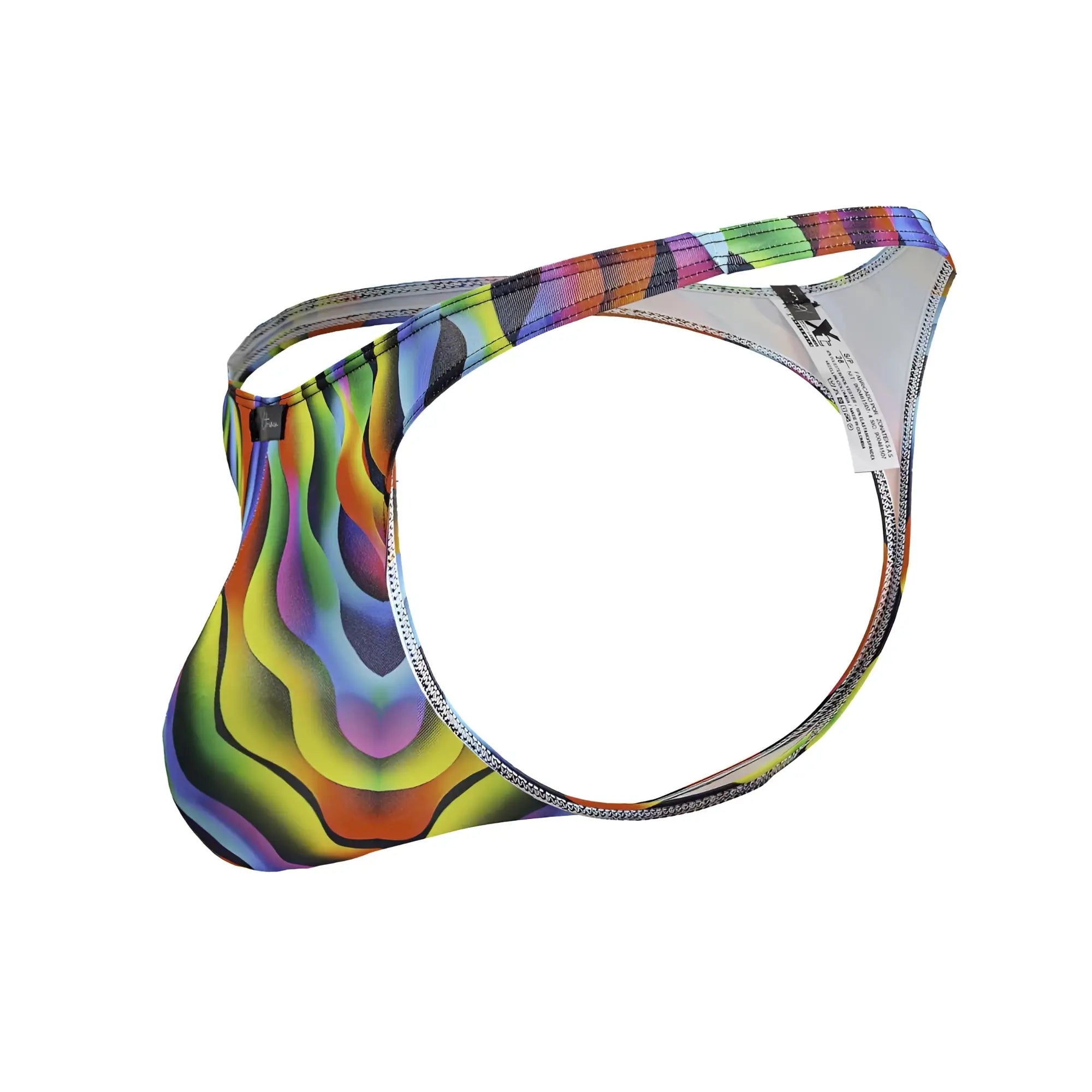 Vibrant rainbow wave-patterned Xtremen 91247 printed men’s thong in stretchy fabric with a sleek modern design