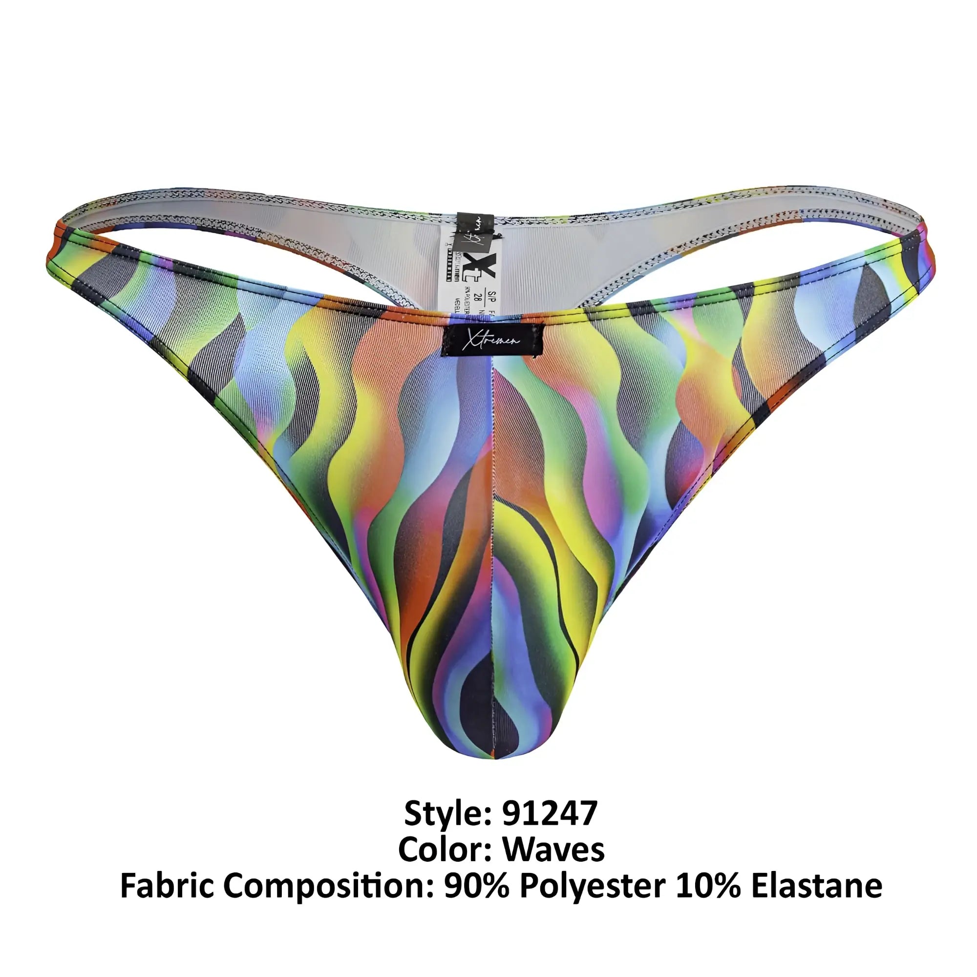 Vibrant rainbow wave-patterned Xtremen 91247 printed thong in stretchy polyester elastane blend with branded label