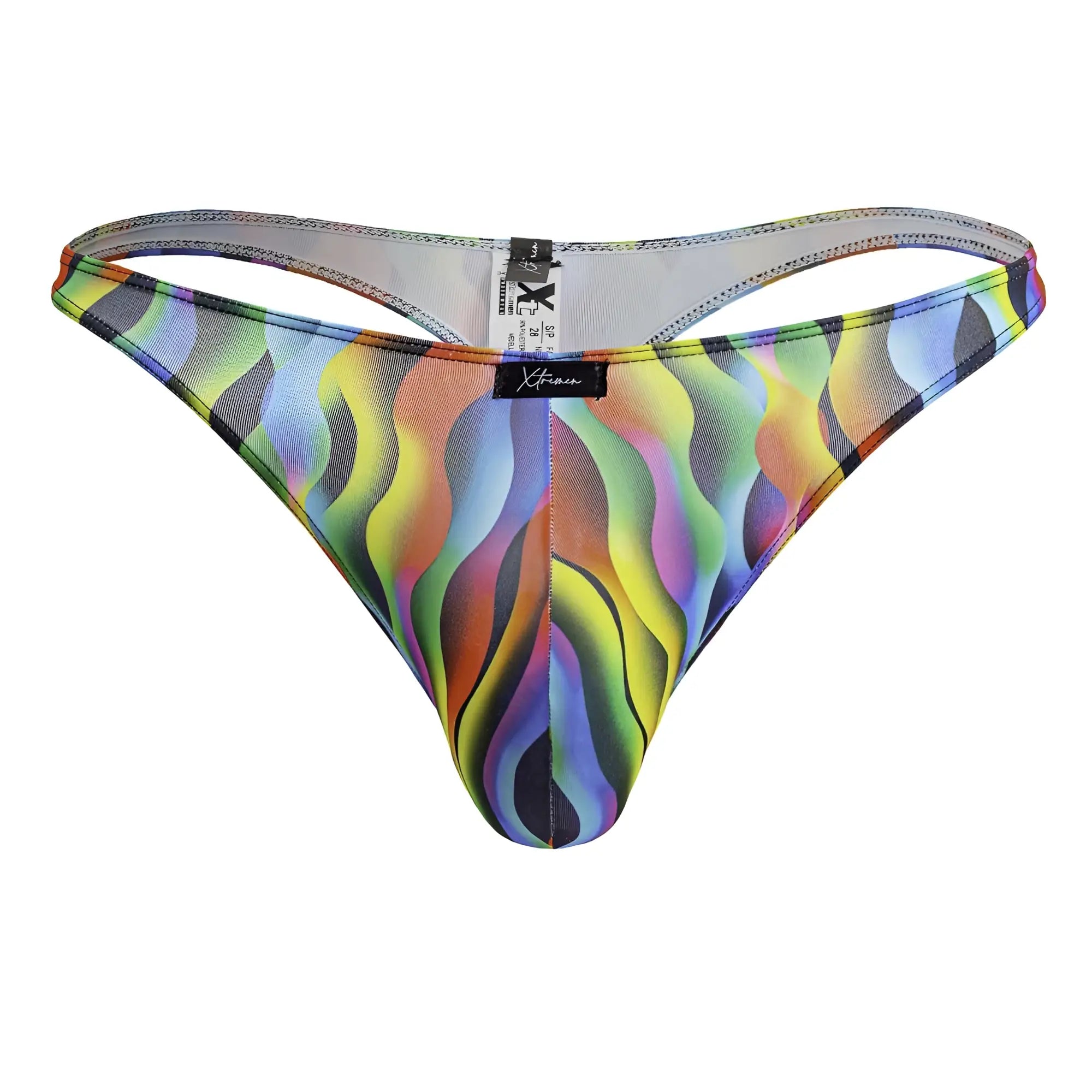 Vibrant rainbow wave-patterned xtremen 91247 printed thong in stretchy fabric with branded label visible
