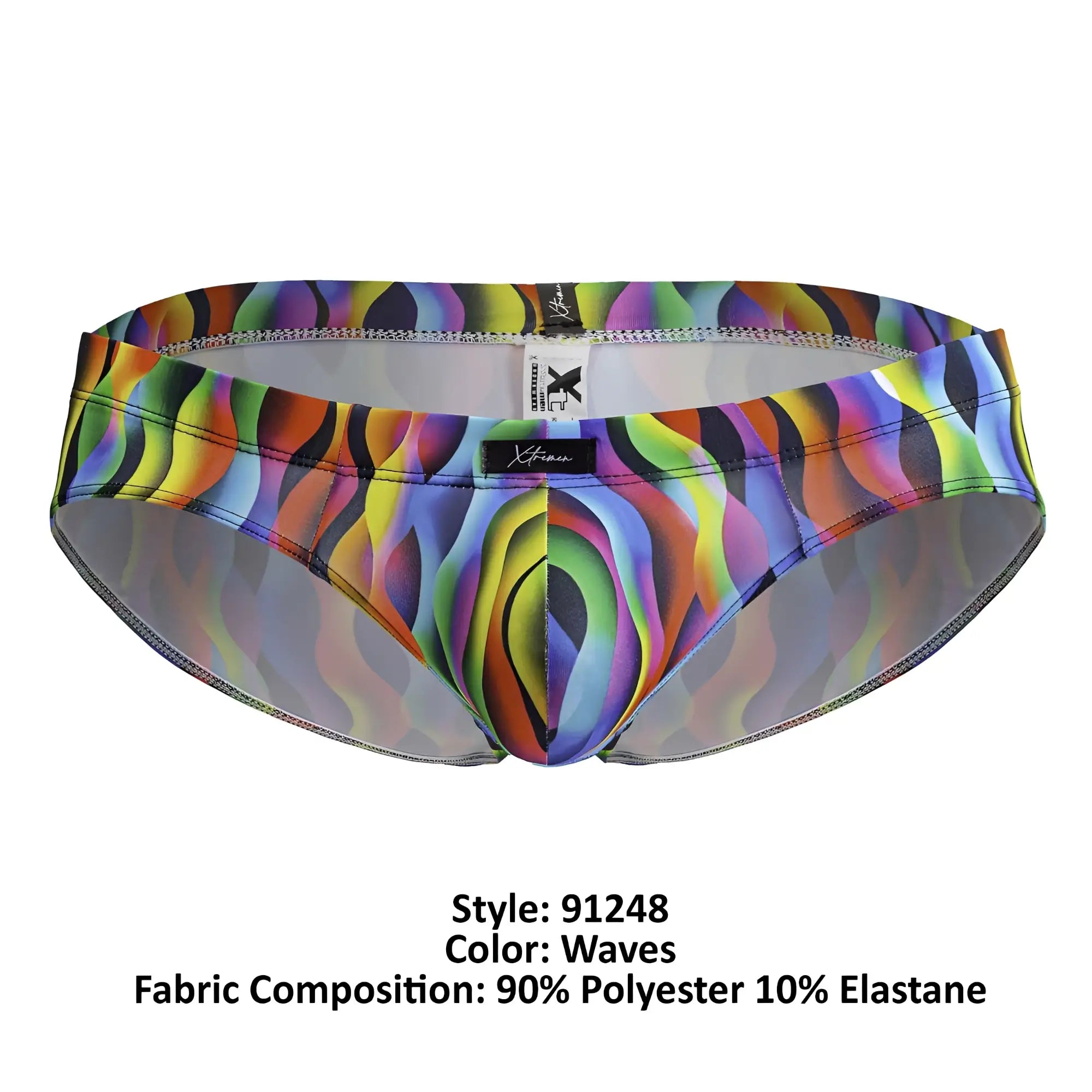 Vibrant rainbow wave patterned men’s swim trunks in stretchy polyester elastane blend by xtremen 91248 printed briefs
