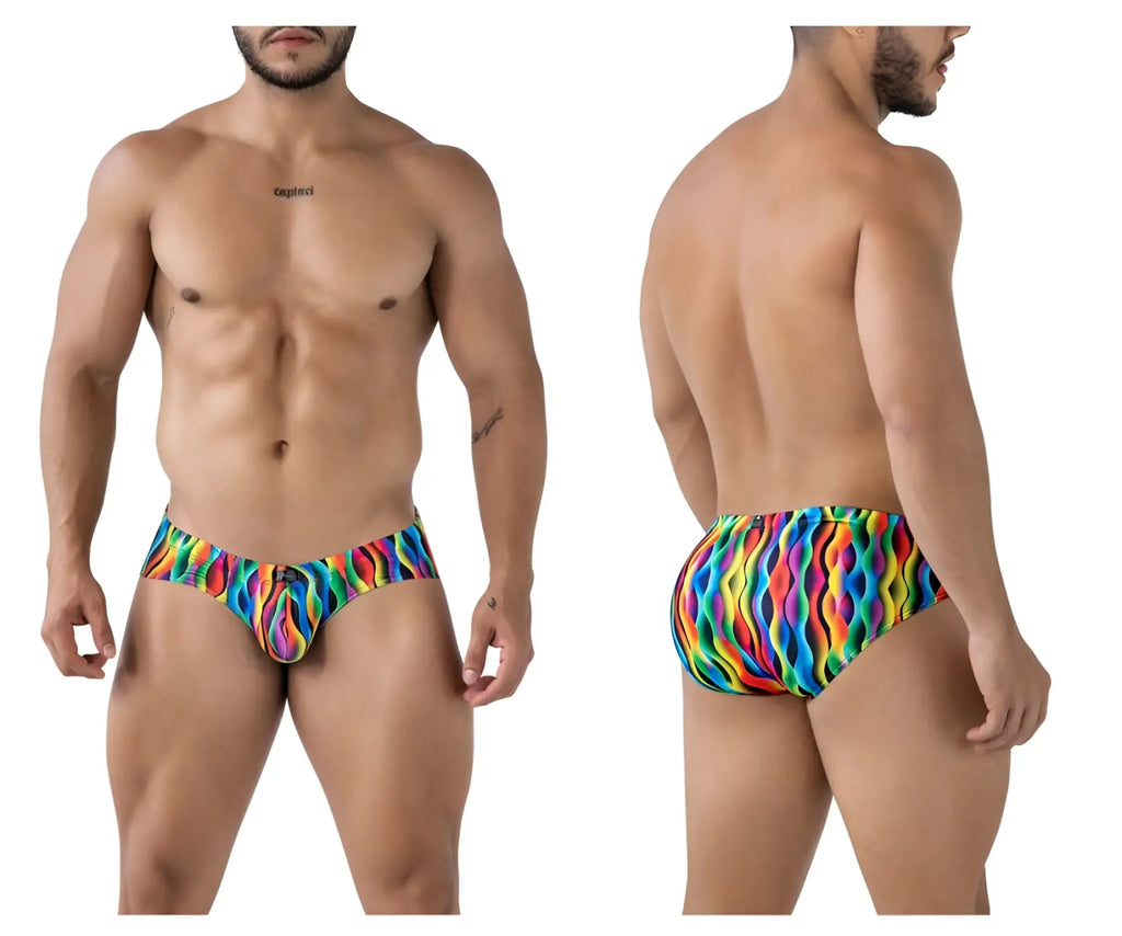 Men’s swim trunks xtremen 91248 printed briefs with vibrant rainbow wave pattern for beach and pool use