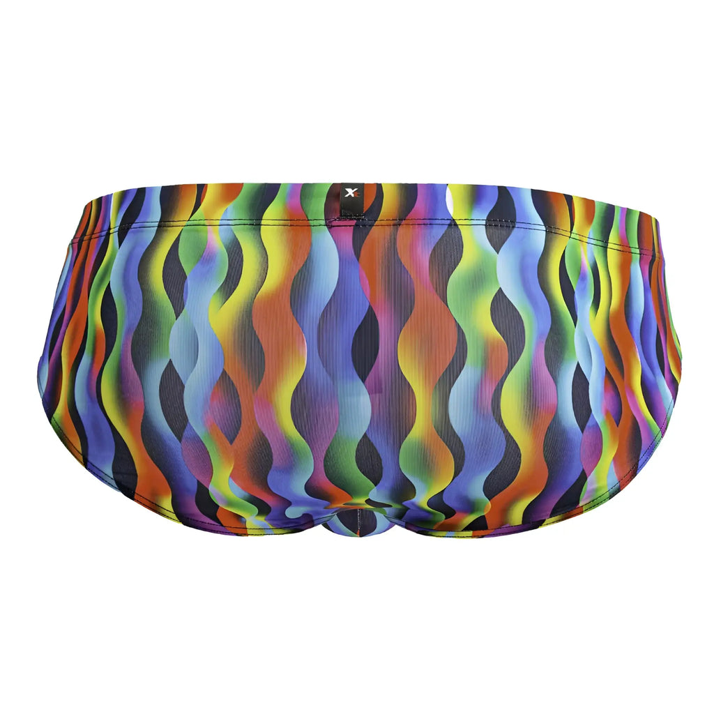 Xtremen 91248 printed briefs color waves vibrant rainbow wavy pattern swim trunks with black elastic waistband and x brand tag