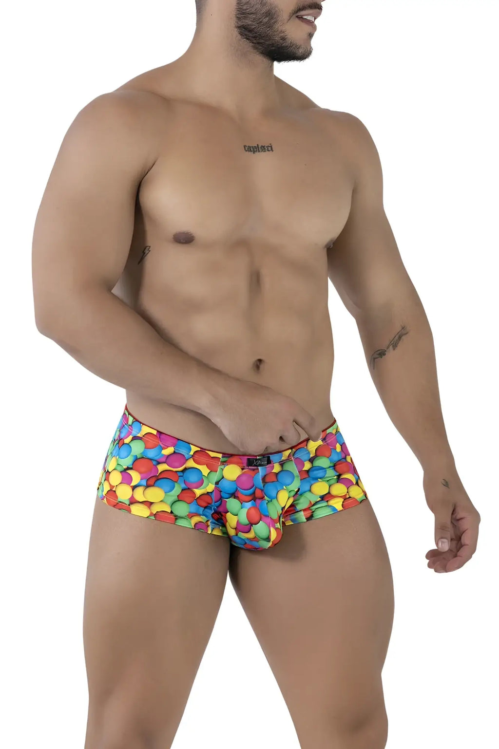 Xtremen 91249 printed trunks with vibrant rainbow-colored candy-themed briefs and playful multicolored dot pattern