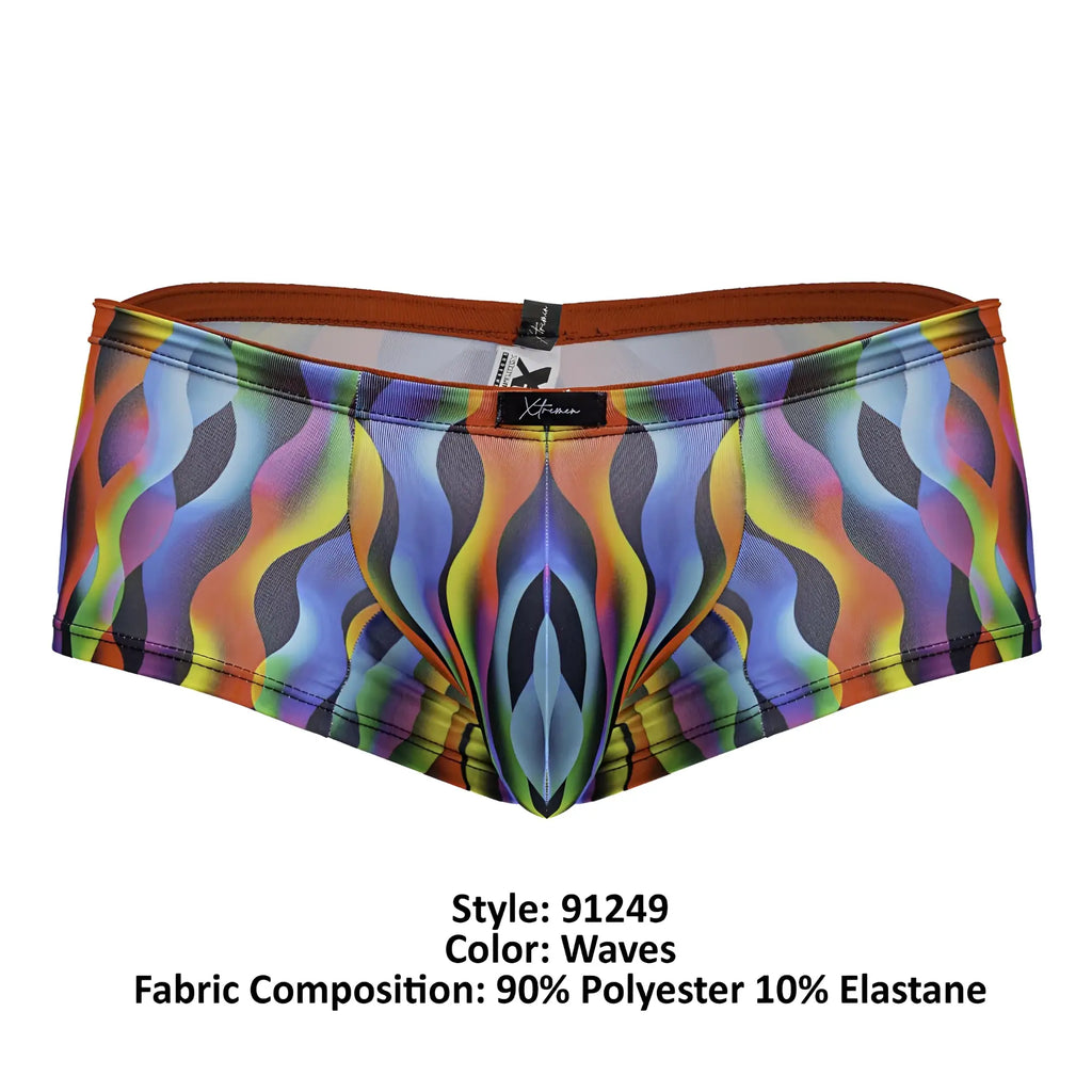 Xtremen 91249 printed trunks men’s briefs with vibrant rainbow wave pattern and orange waistband in polyester elastane blend
