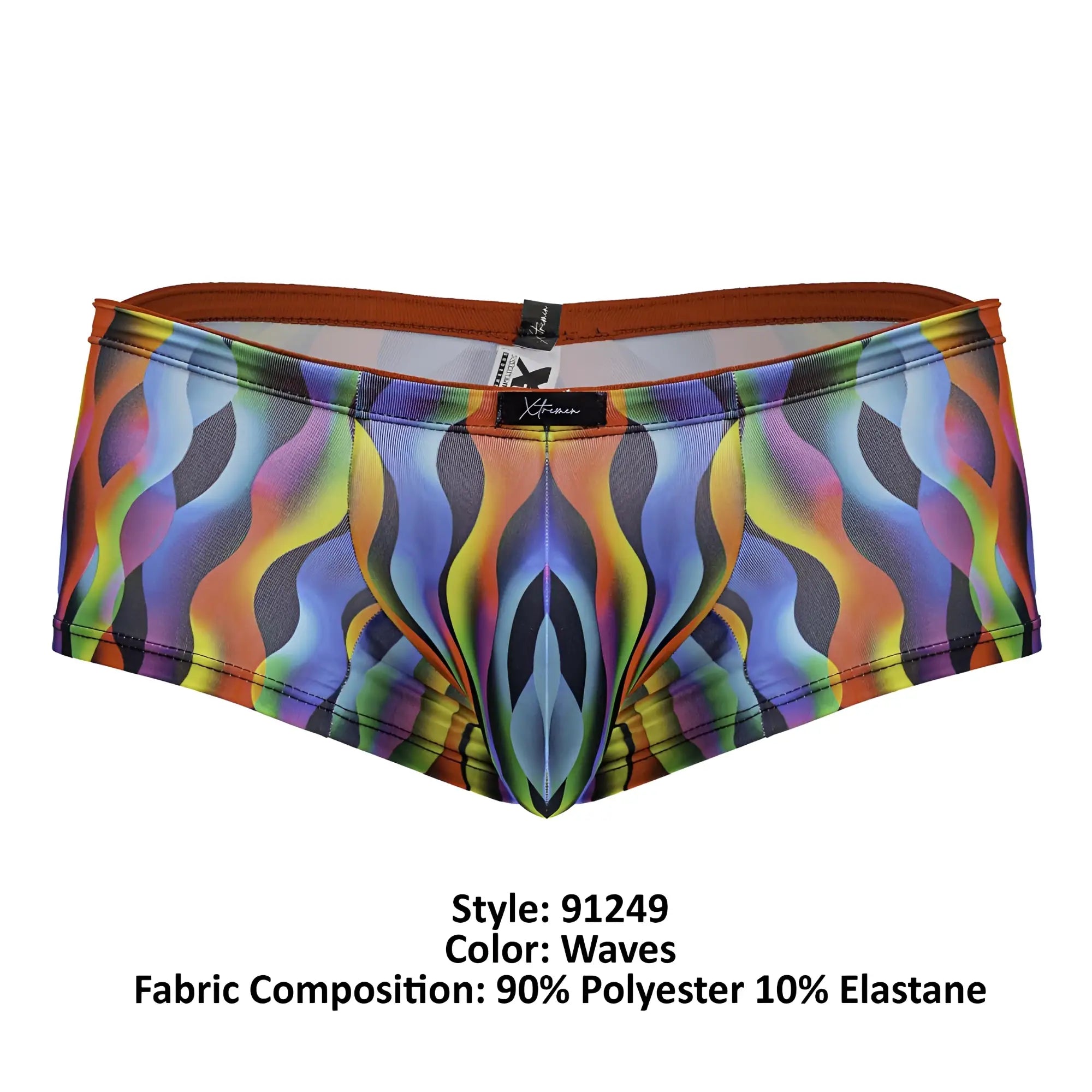 Xtremen 91249 printed trunks men’s briefs with vibrant rainbow wave pattern and orange waistband in polyester elastane blend