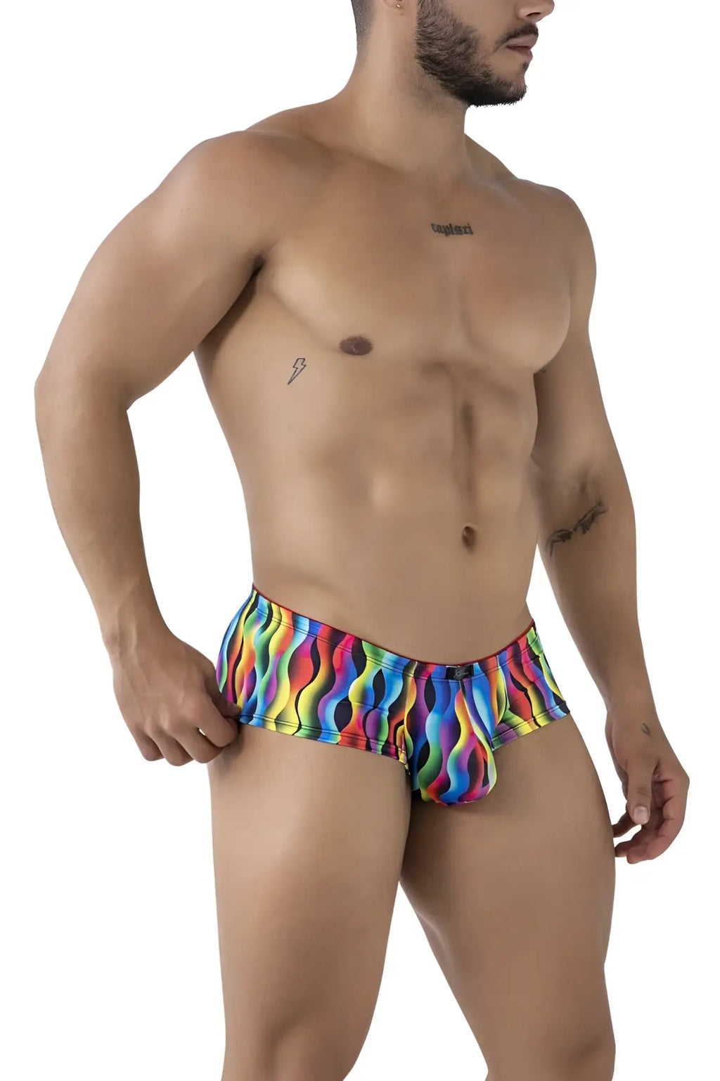 Xtremen 91249 printed trunks vibrant rainbow wave-patterned men’s briefs in stretchy fabric front view
