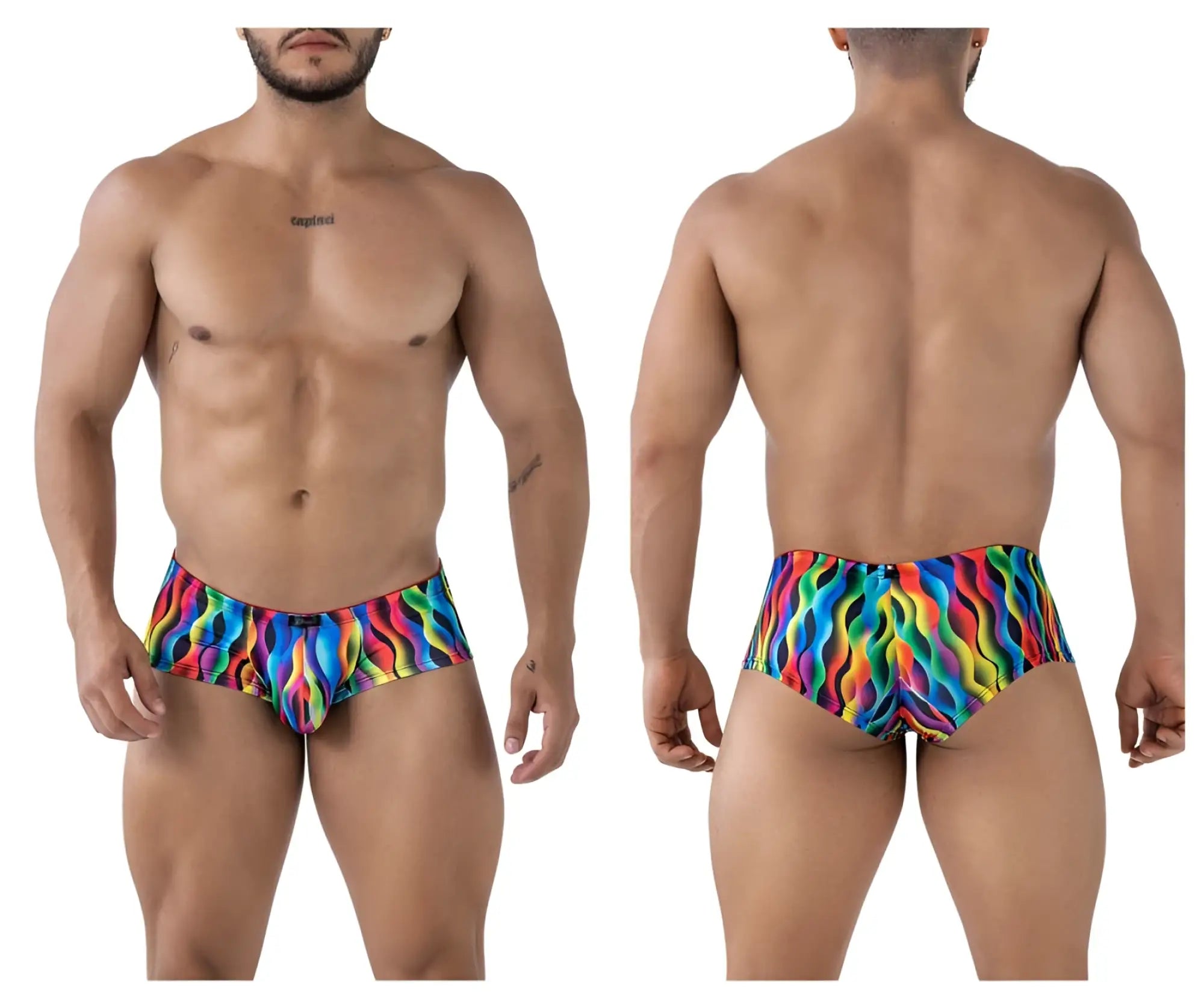 Xtremen 91249 printed trunks in vibrant rainbow wave pattern with snug form-fitting design for swimming use