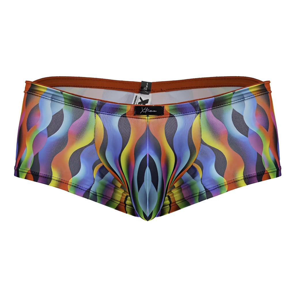 Xtremen 91249 printed trunks featuring vibrant rainbow wave-patterned men’s briefs with brown elastic waistband