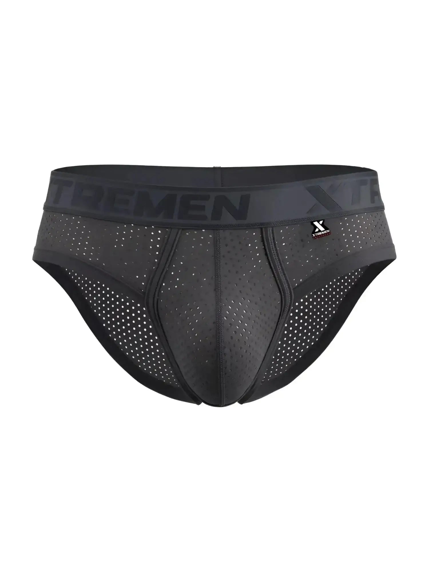 Front view of grey Xtremen 91250 microfiber mesh briefs with logo waistband on a white background.