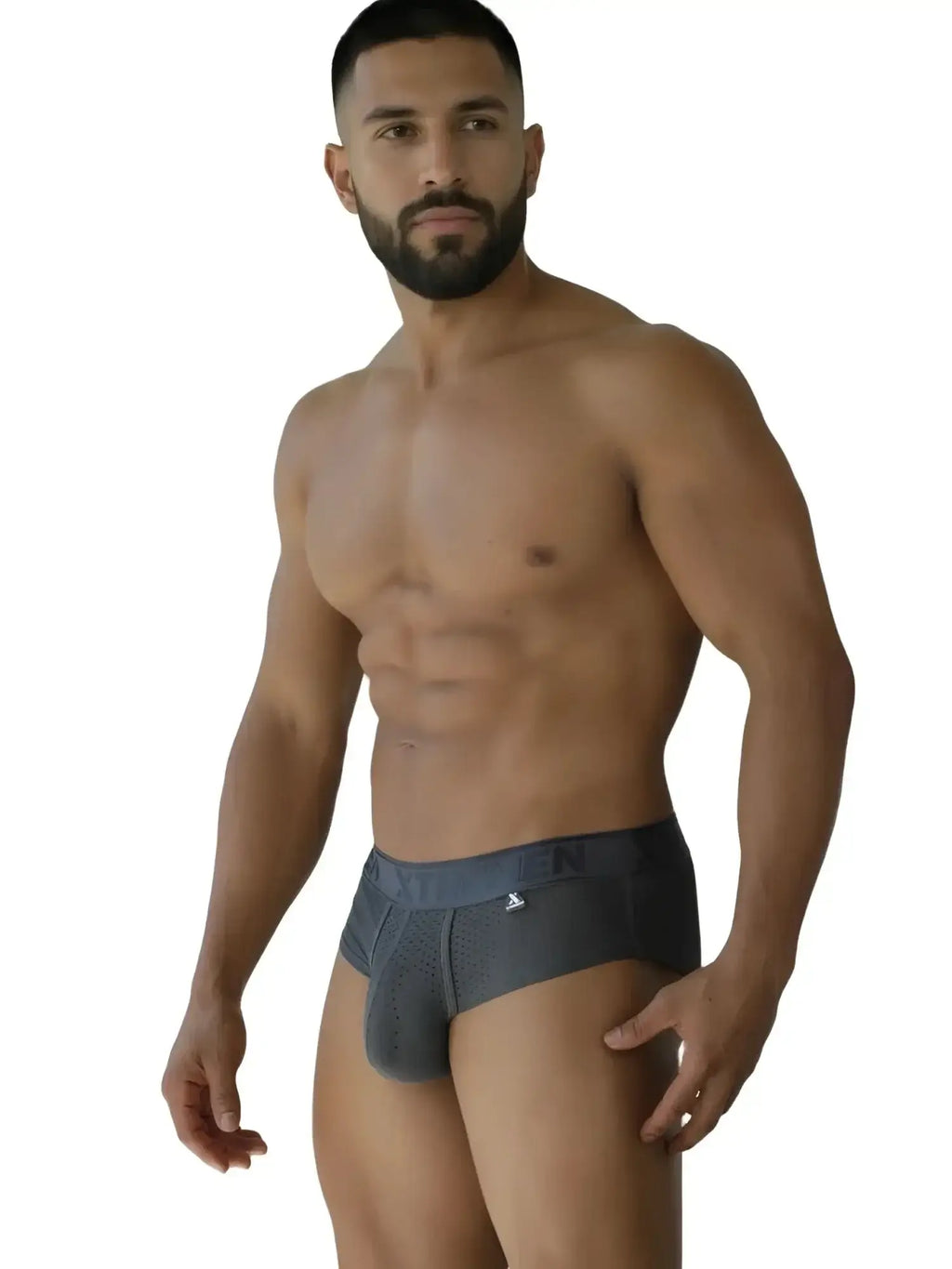 Xtremen 91250 gray microfiber mesh briefs on a male model, front view.