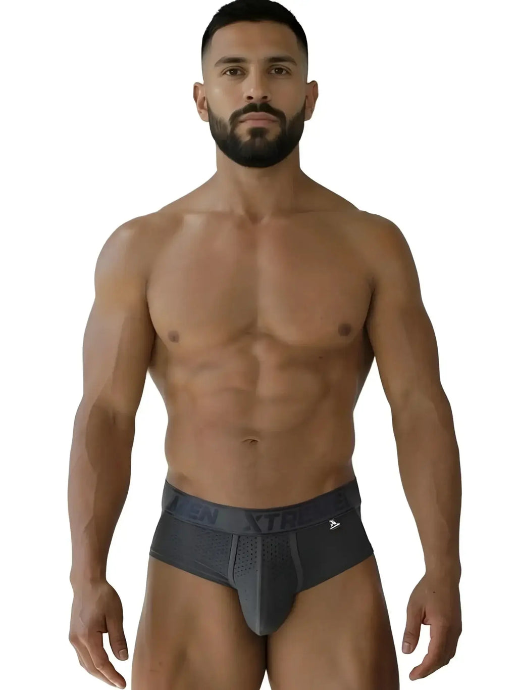 Front view of a man wearing gray Xtremen 91250 Microfiber Mesh Briefs.