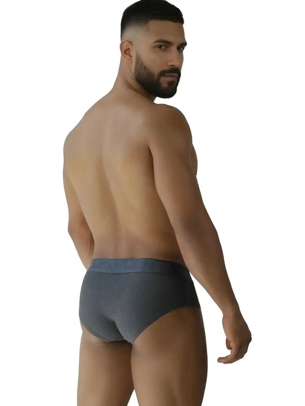Back view of a man wearing Xtremen 91250 gray microfiber mesh briefs.