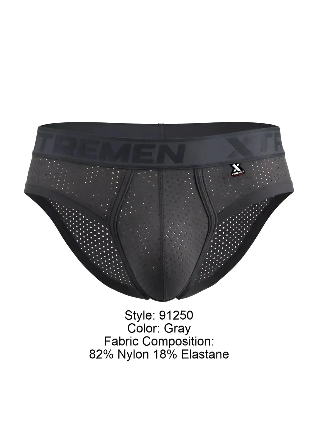 Front view of gray Xtremen 91250 microfiber mesh briefs with branded waistband.