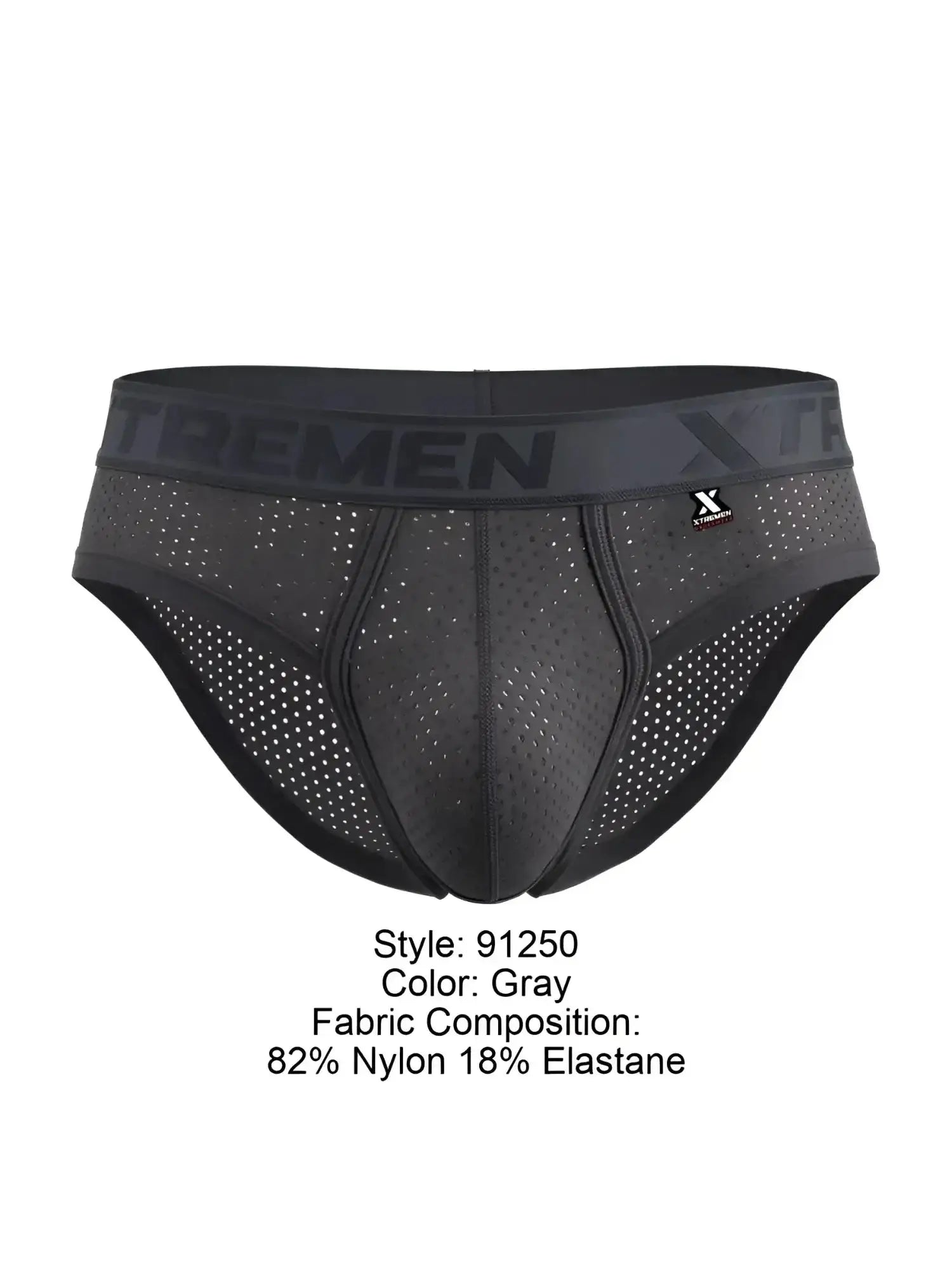 Front view of gray Xtremen 91250 microfiber mesh briefs with branded waistband.