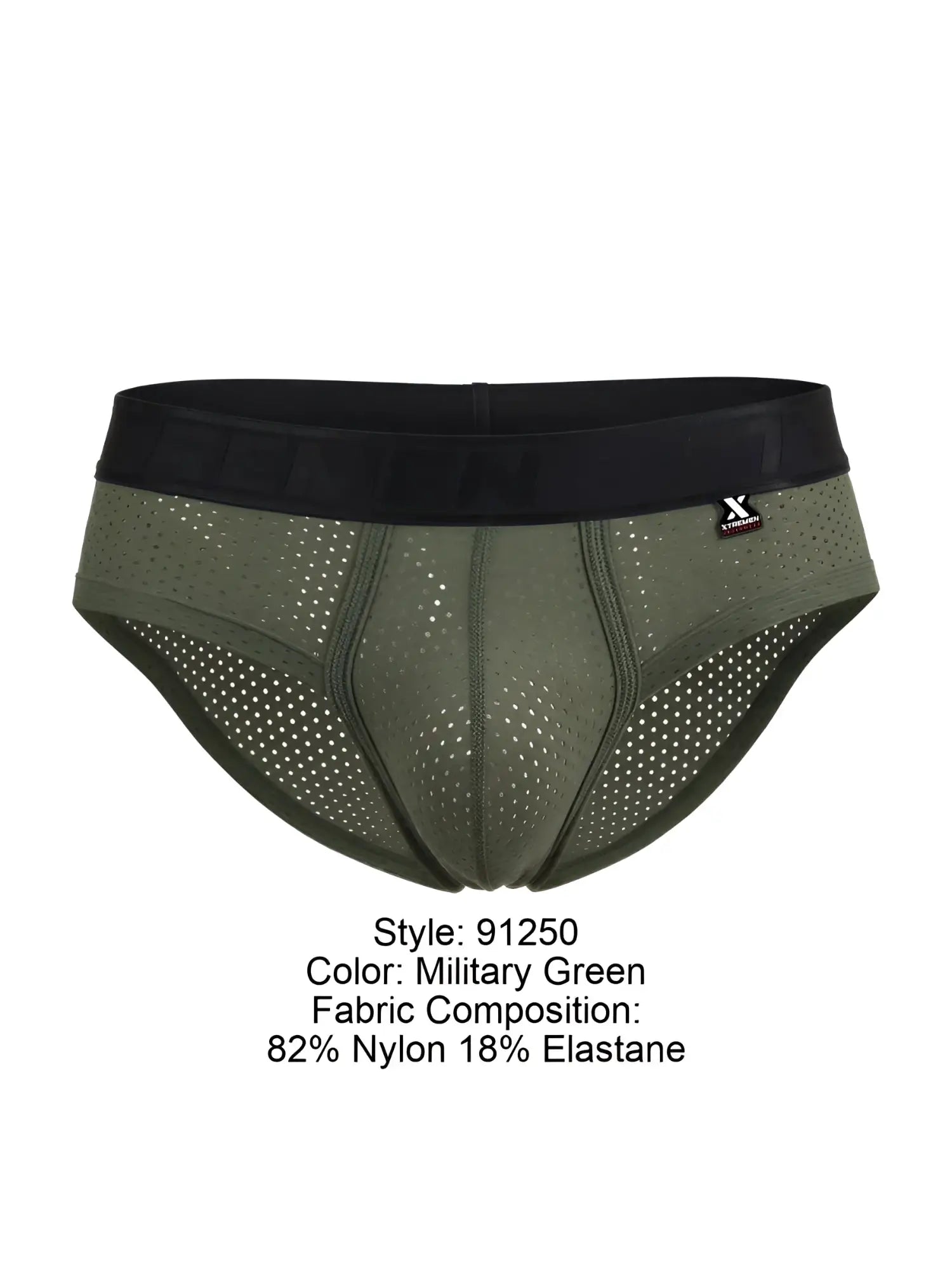 Front view of Xtremen 91250 microfiber mesh briefs in military green.