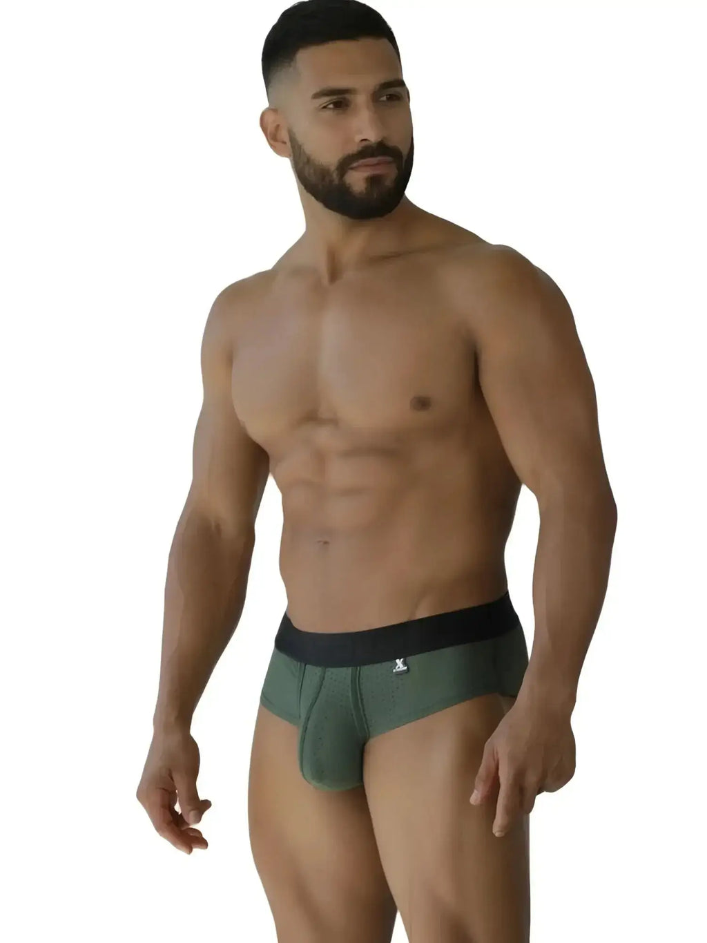 Xtremen 91250 Microfiber Mesh Briefs in Military Green. Studio model wearing the briefs, front-quarter view.