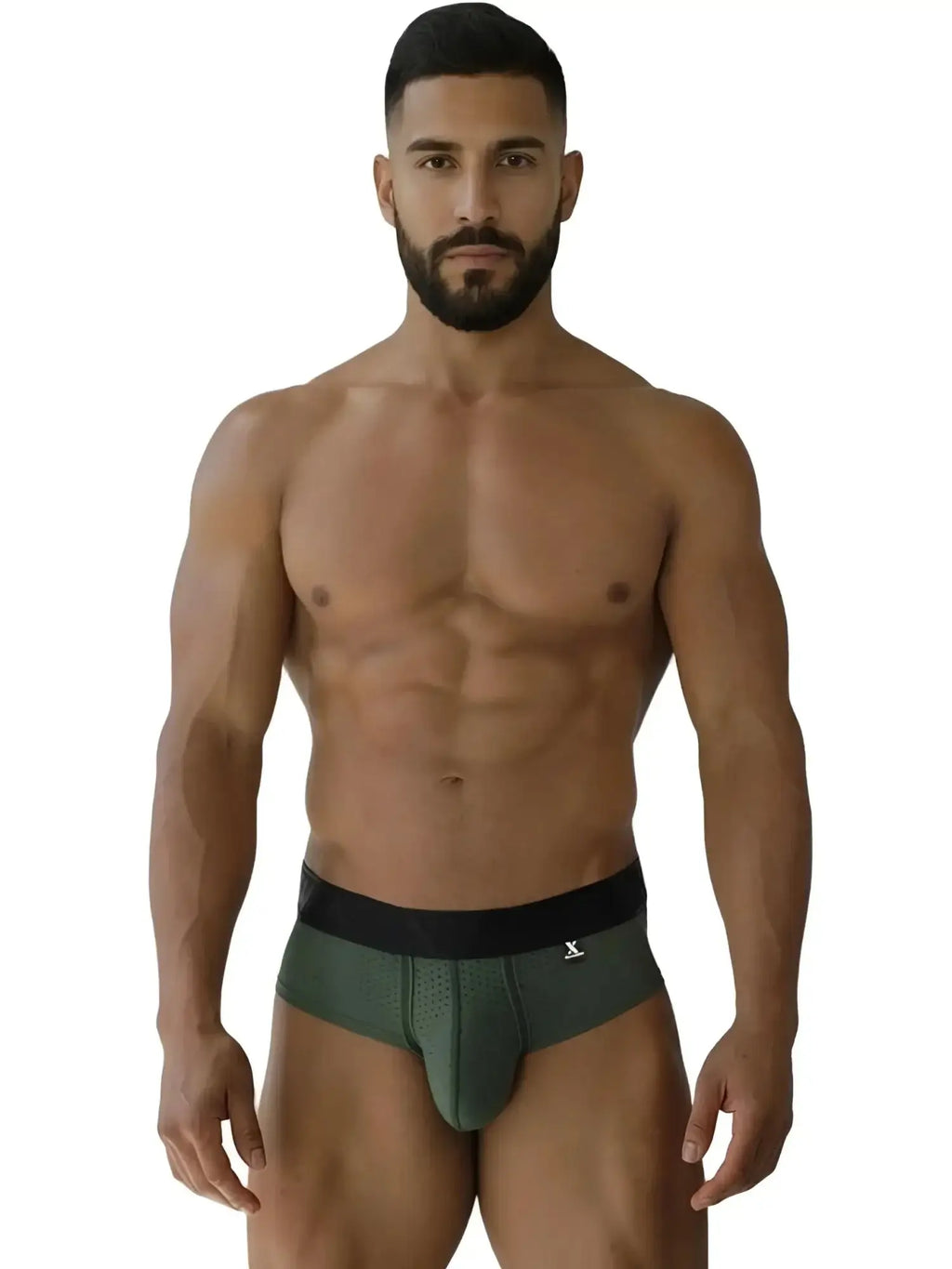 Front view of a model wearing Xtremen 91250 microfiber mesh briefs in military green.