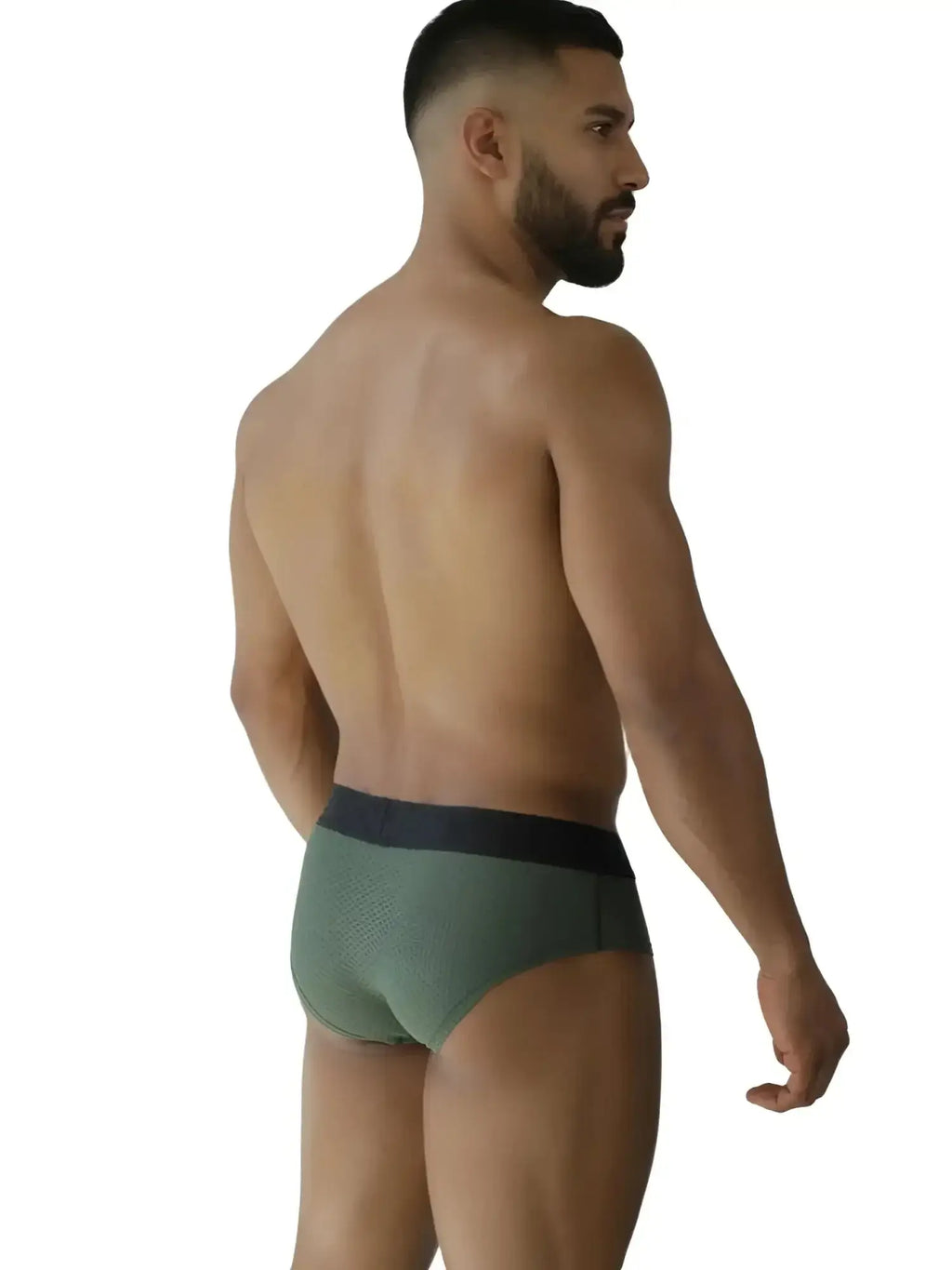 Olive green micro-mesh men’s briefs with a wide black logo waistband, viewed from the back.