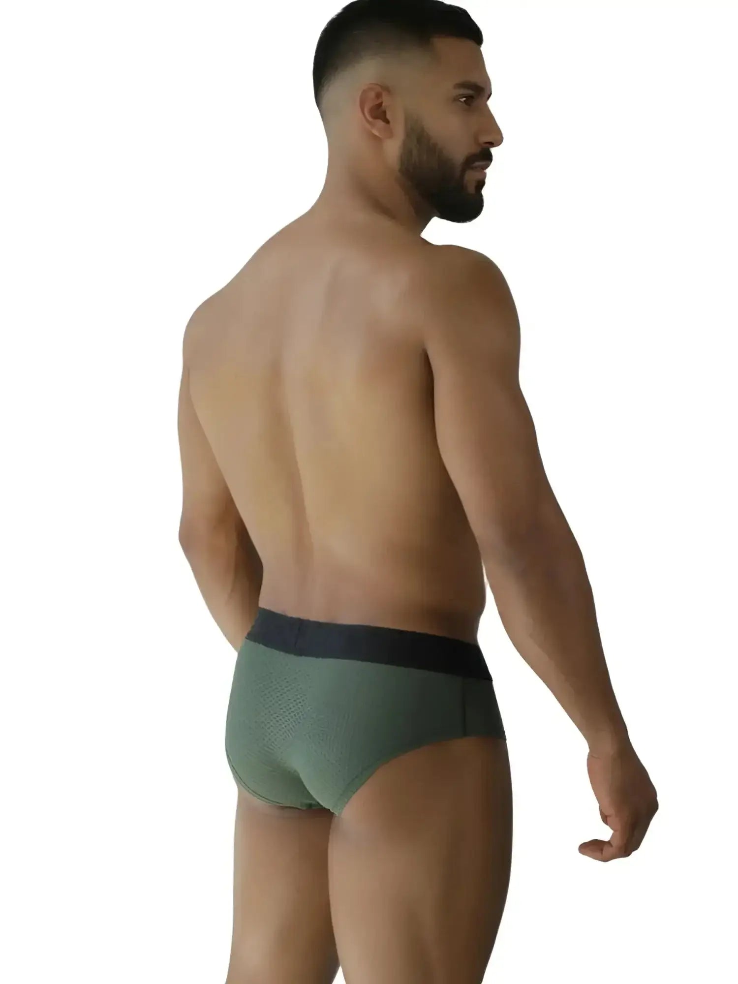 Olive green micro-mesh men’s briefs with a wide black logo waistband, viewed from the back.