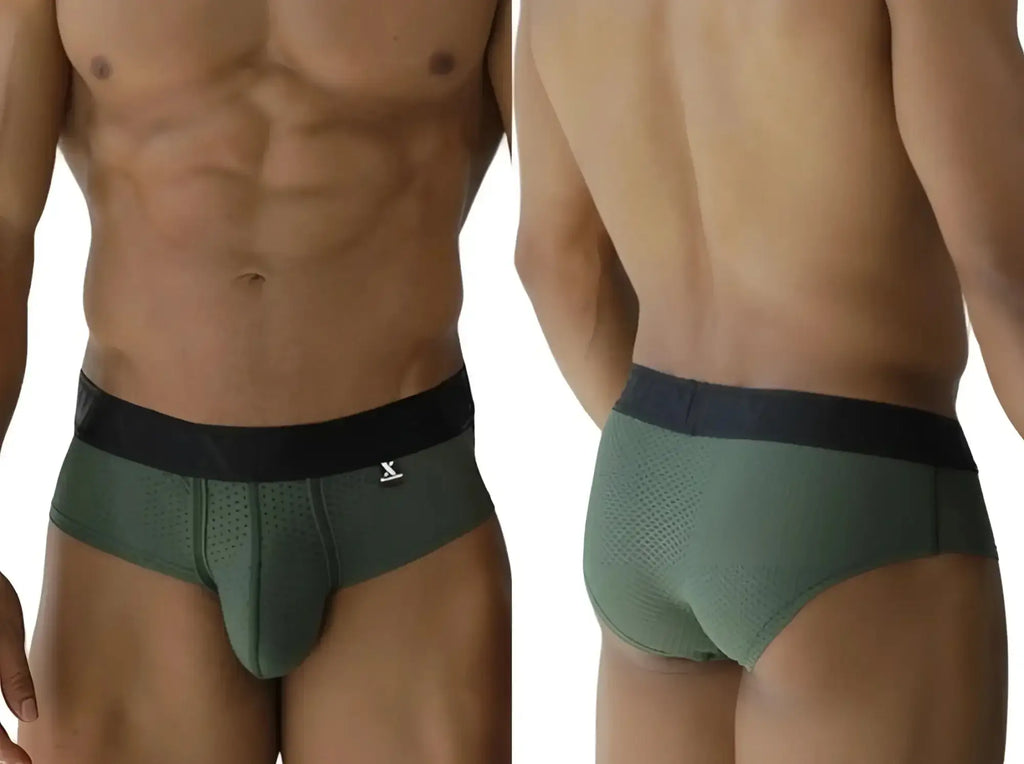 Xtremen 91250 Microfiber Mesh Briefs in Military Green, front and back view of the underwear on a model.