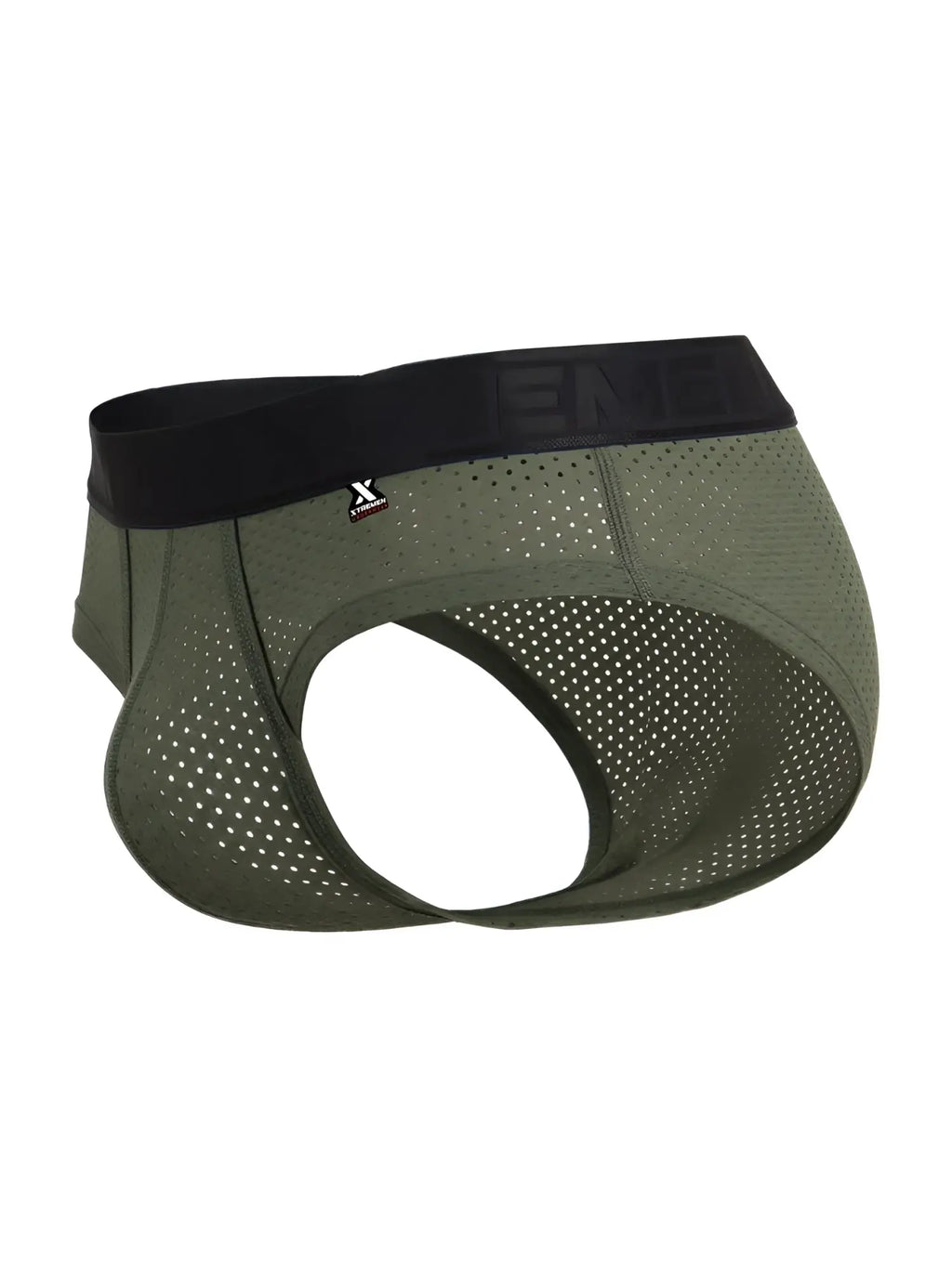 Xtremen 91250 microfiber mesh briefs in military green, shown in a studio side-angle product view.