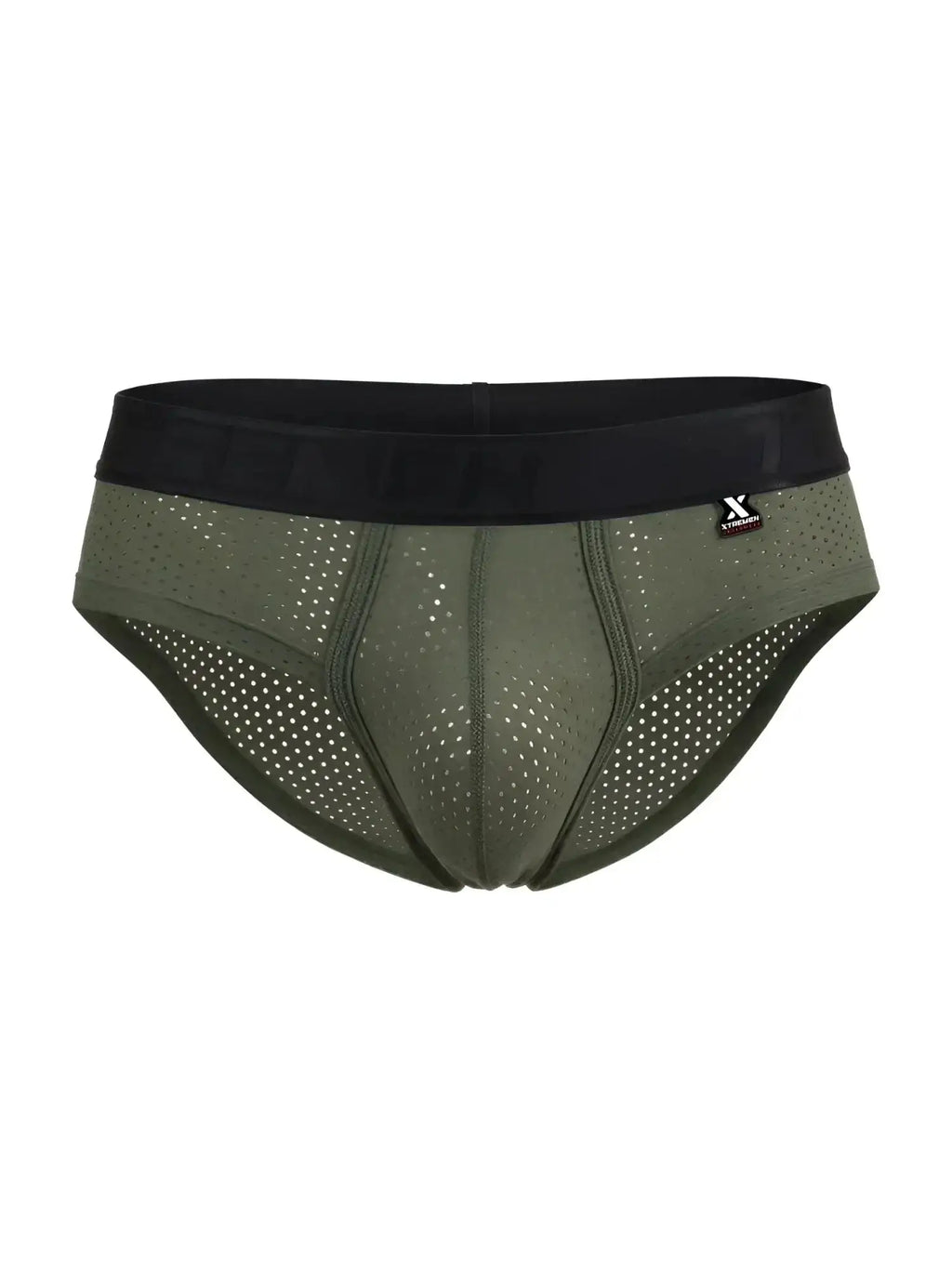 Front view of Xtremen 91250 microfiber mesh briefs in military green with a black branded waistband.
