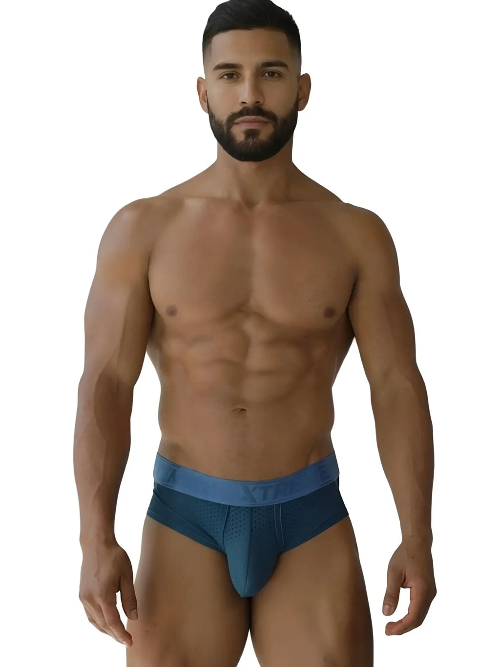Front view of a model wearing Xtremen 91250 microfiber mesh briefs in petrol.