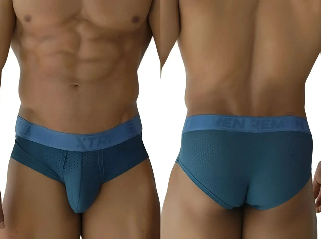 Xtremen 91250 Microfiber Mesh Briefs in petrol, shown in front and back views on a model.