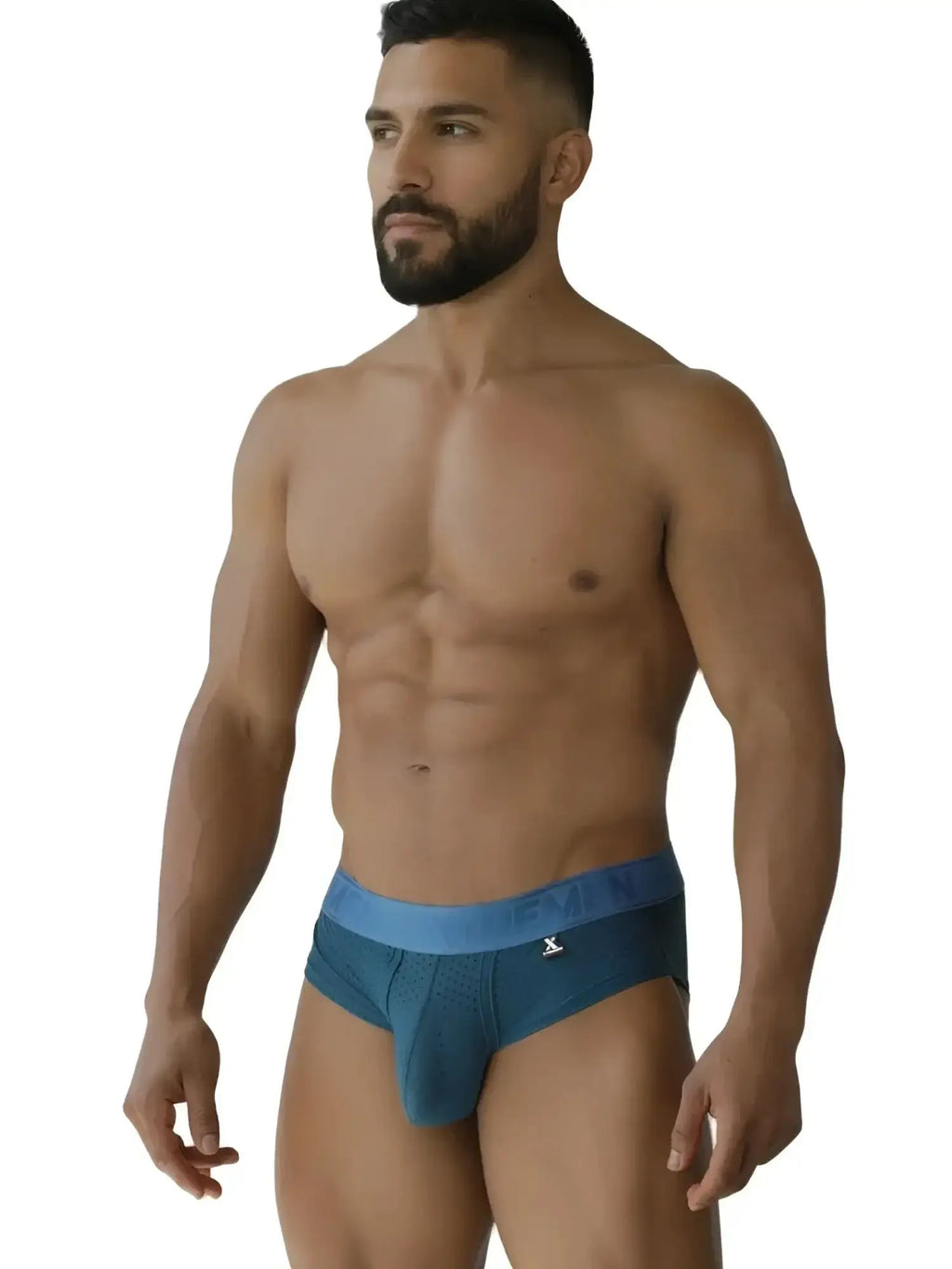 Xtremen 91250 Microfiber Mesh Briefs in Petrol, front view on a male model.
